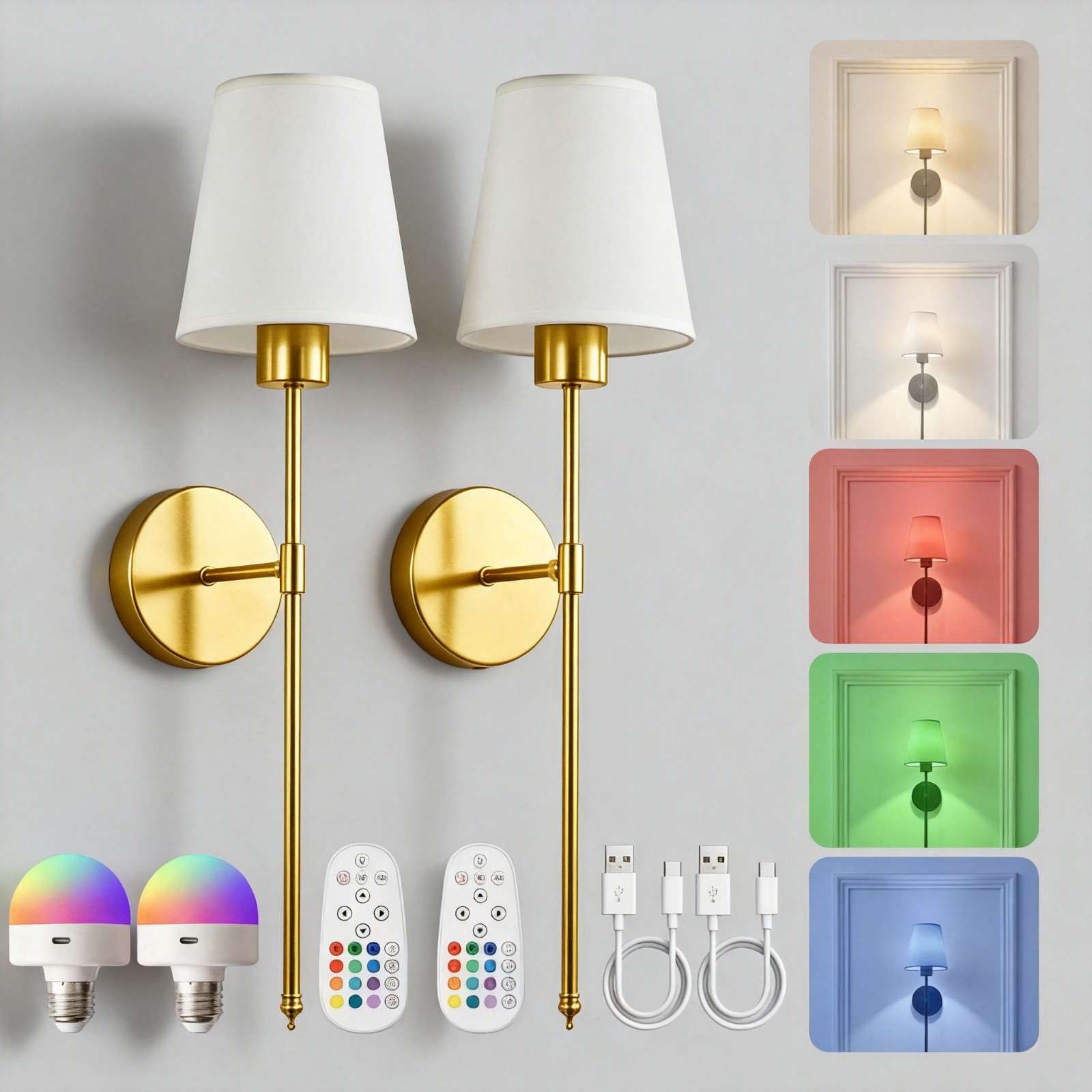 Electroplated Gold Iron Wall Sconces 2 Pack RGB Color Changing Light