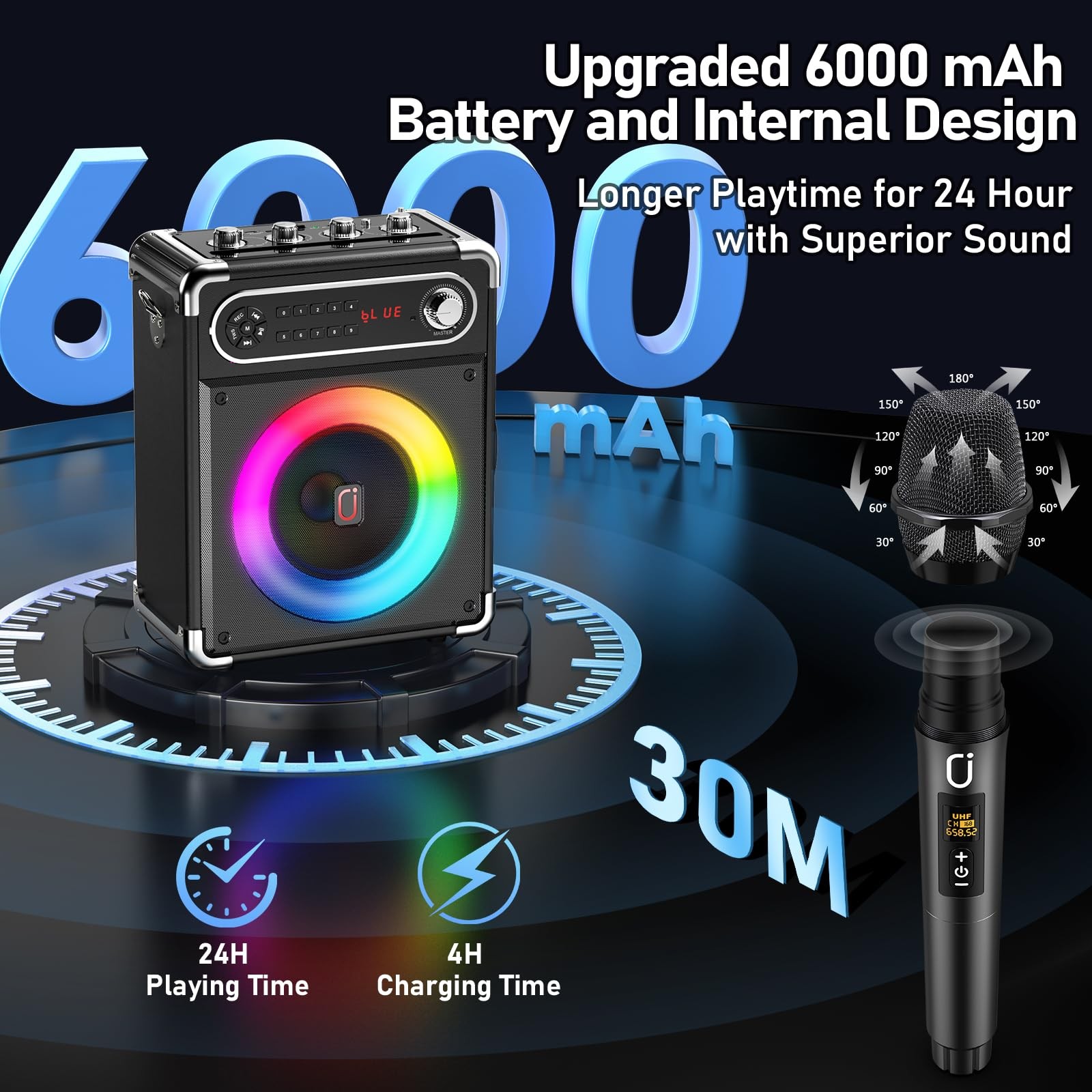 Portable Bluetooth 5.3 Karaoke Machine with 3 Wireless Mics, LED Lights