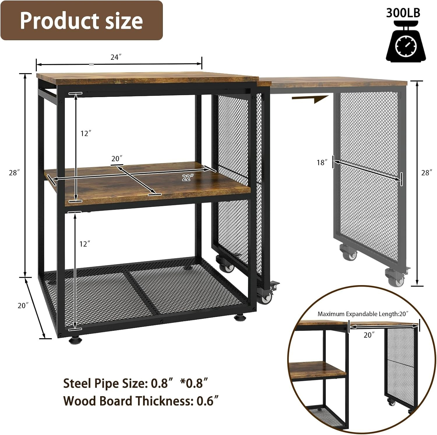 24''X20''X29'' Large Printer Stand with Storage Shelves,Extendable Home Craft Ta