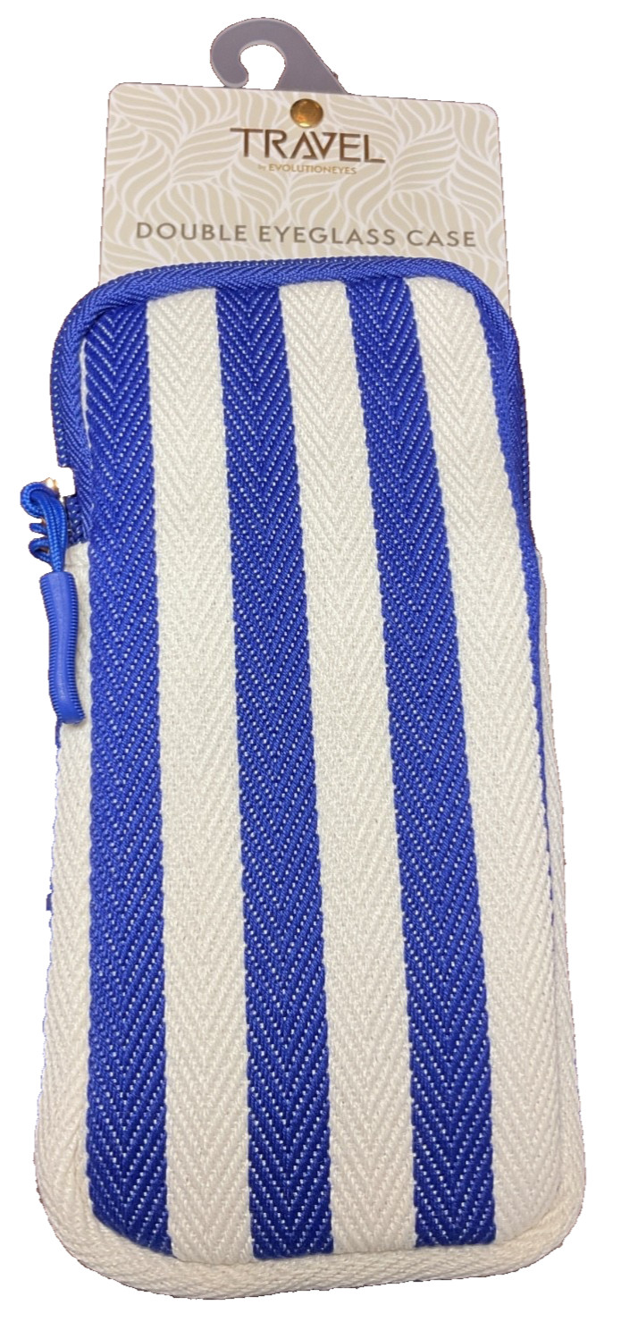 EVOLUTION EYES TRAVEL DOUBLE EYEGLASS CASE BLUE WHITE 17 x 3  NWT