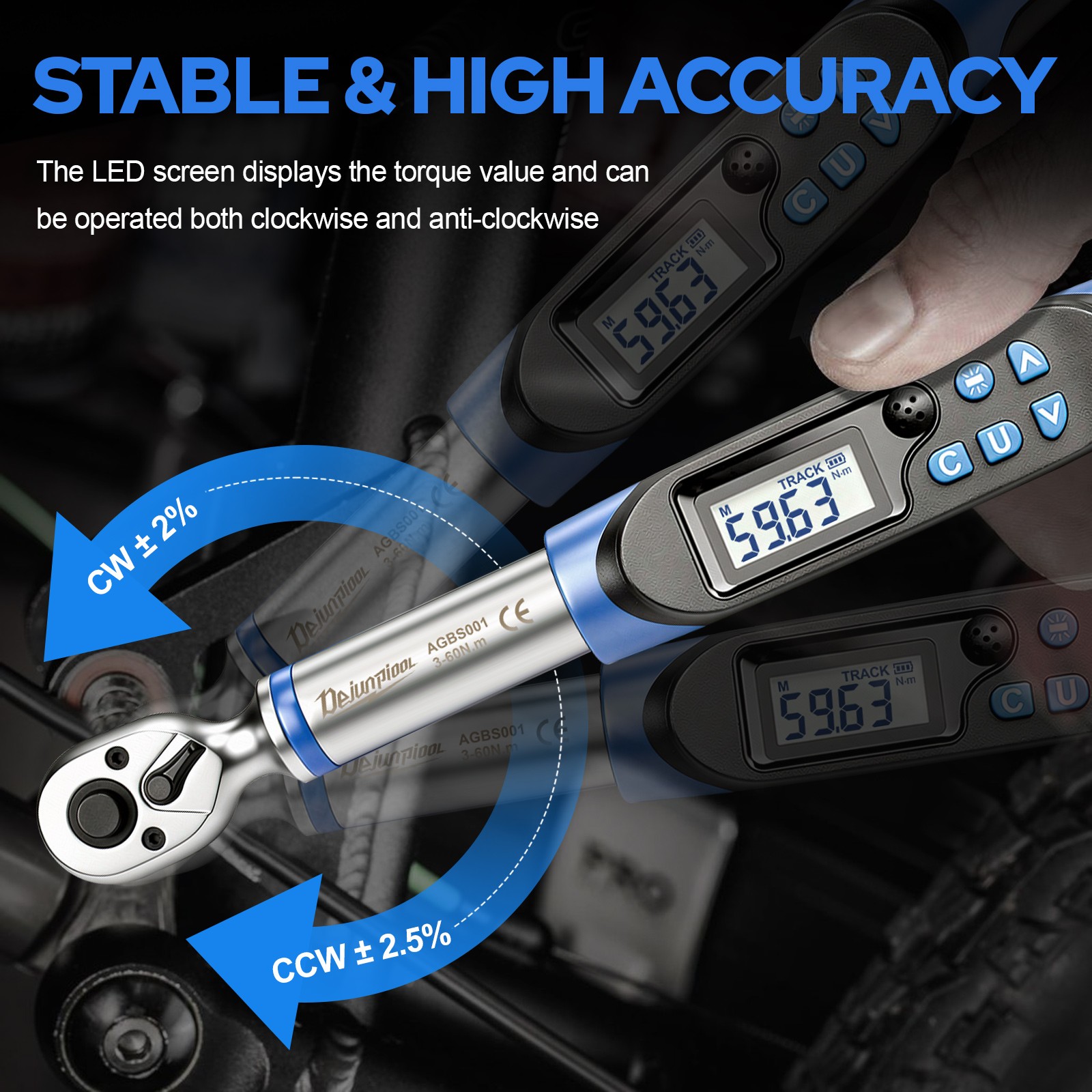 Dejunpool Digital Torque Wrench Adjustable Torque Wrench 3/8" Drive 2.2-44 ft.lb