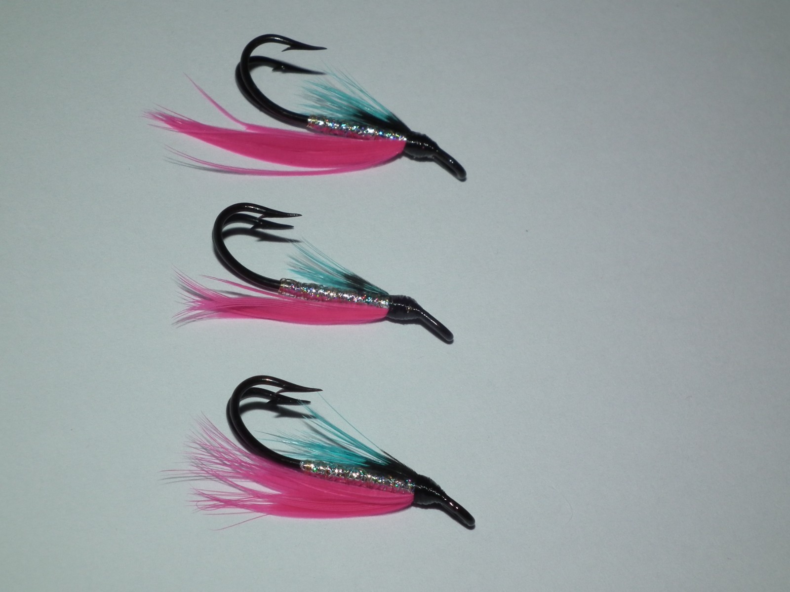 salmon/seatrout flies ---- 3 pink & blue tied on  mustad size 10 double hooks