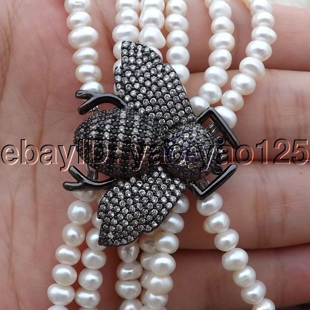 6 Strands 8" Cultured White Pearl CZ Pave Bee Bracelet
