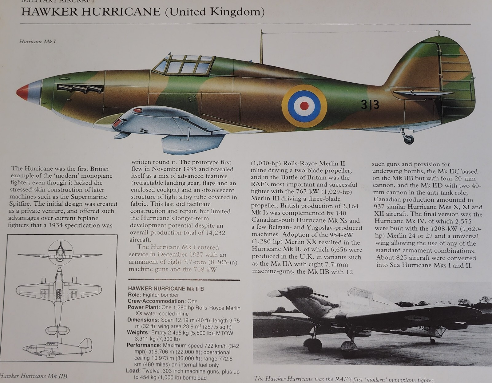 Hawker Hurricane Picture Out of Print Aircraft Article Sheet Wall Art Decor