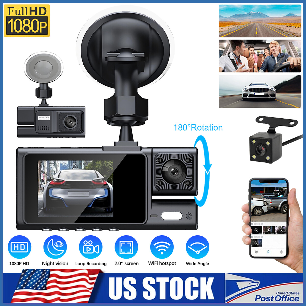 Car Dual Lens Dash Cam 1080P DVR Recorder Front/Rear/Inside  Camera Night Vision