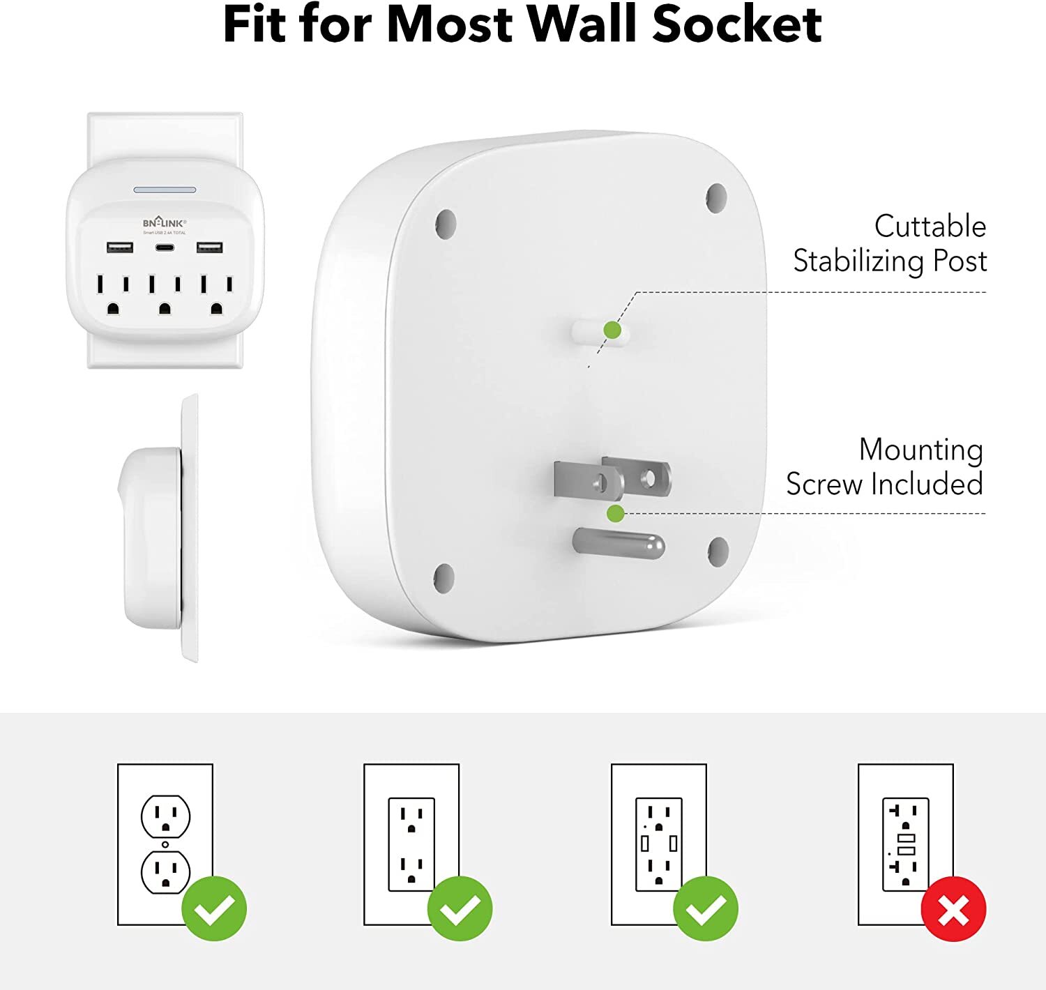 Multi Plug Outlet Extender With USB C, 3 Outlets Surge Protector 600J Wall Plug