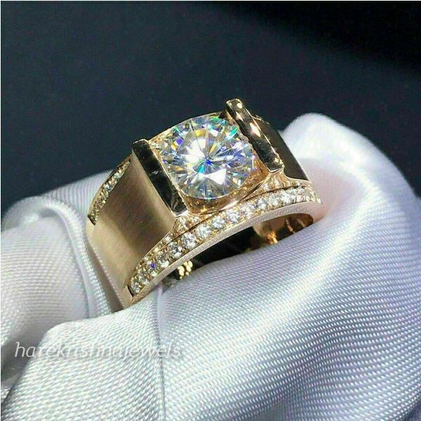Lab-Created 3.10CT Round Cut Diamond 14K Yellow Gold Over Men's Engagement Ring
