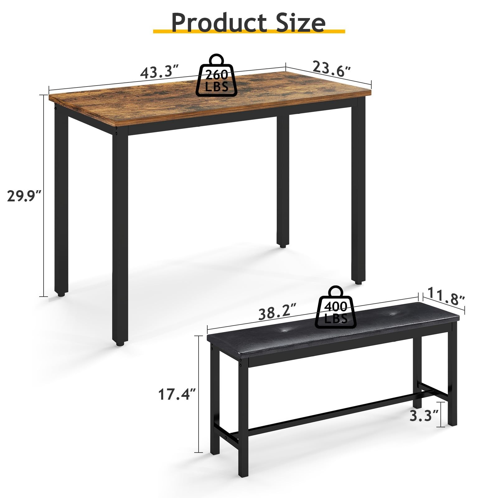 Dining Room Table Bench Set for 4, Modern Space Saving Kitchen Table with wit...