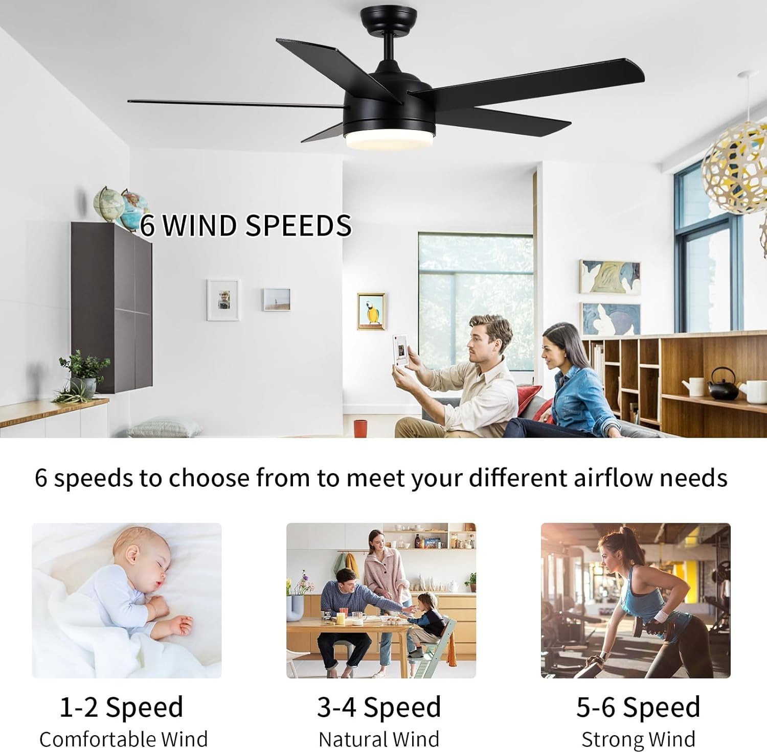 NEW 52 in Blk Ceiling Fan w Lights, Remote Control,Dimmable, Reversable, 5 blade