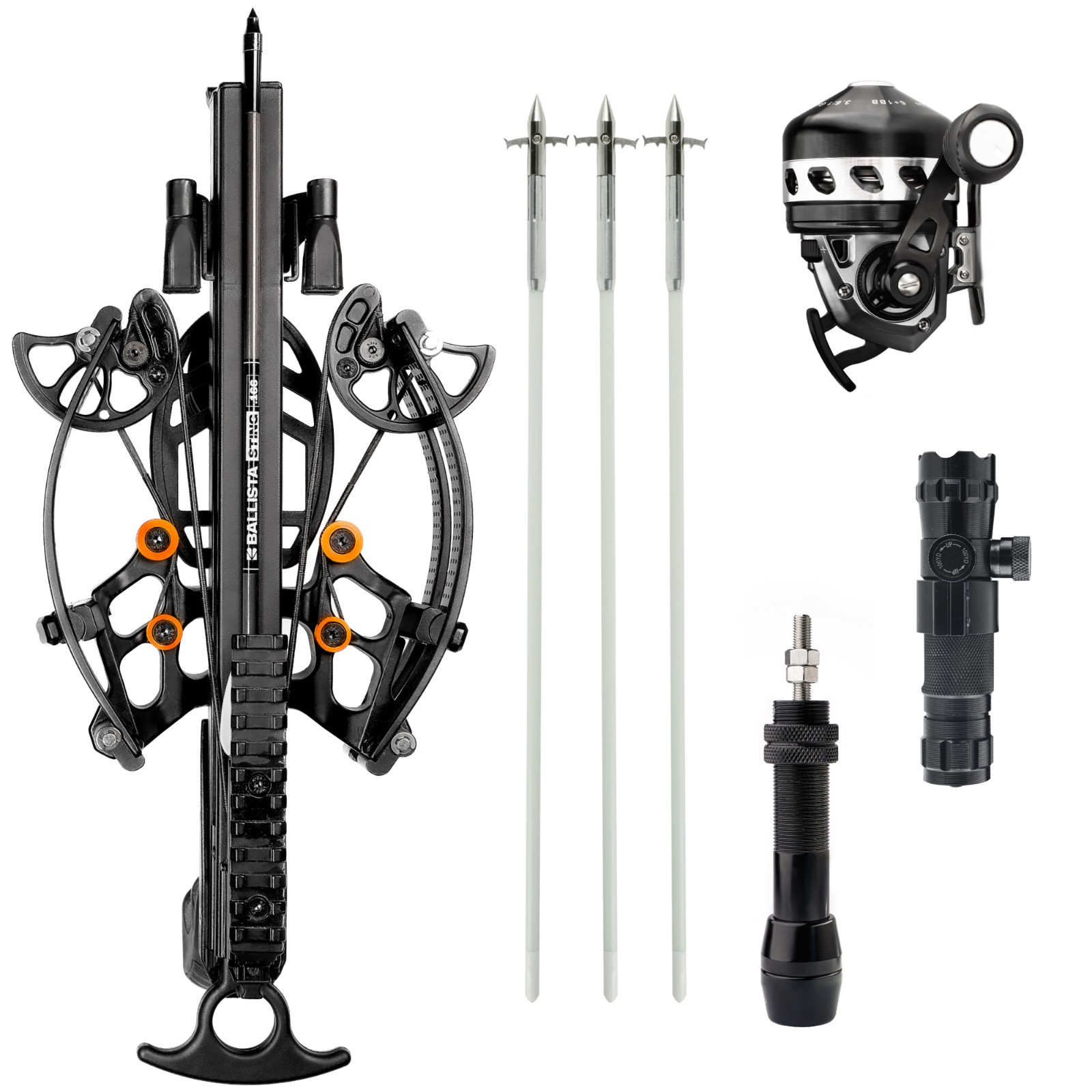 BALLISTA BAT Reverse Crossbow w/Bowfishing Arrows, Reel BL33, Reel Mount, Laser