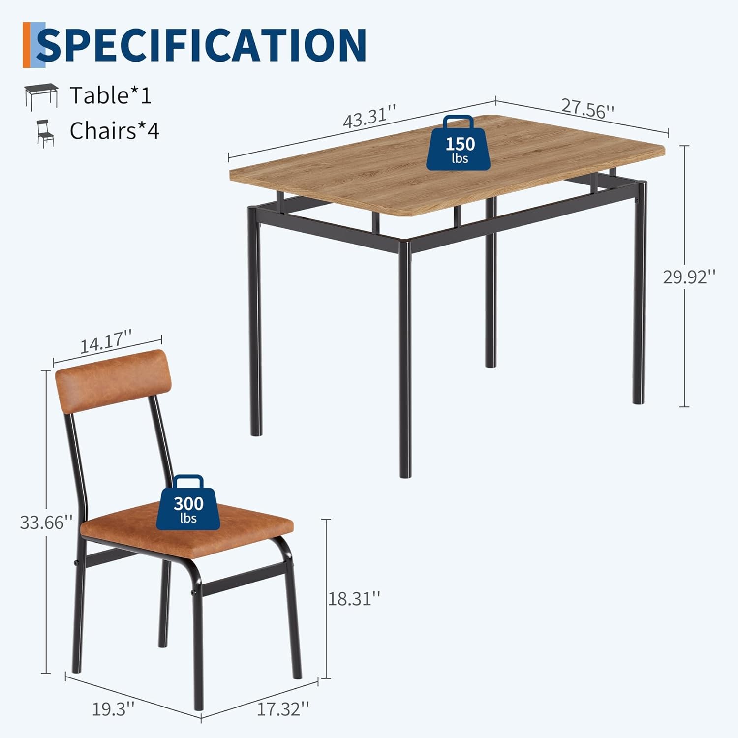 5 Piece Dining Table Set Kitchen Table with 4 PU Upholstered Chair Dining Room