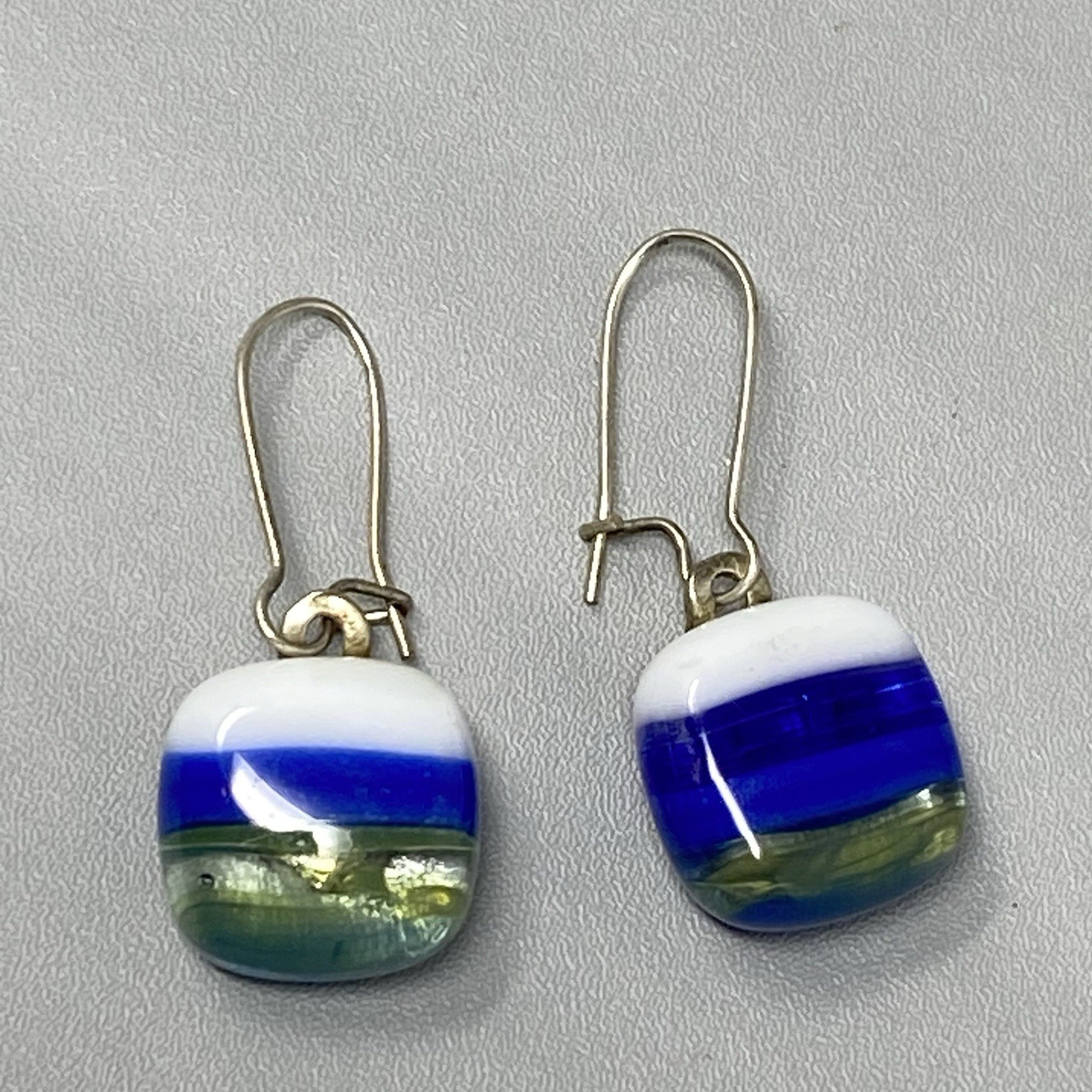Fused Glass Earrings Pierced Blue White Clear Murano Style Striped Dainty Drop