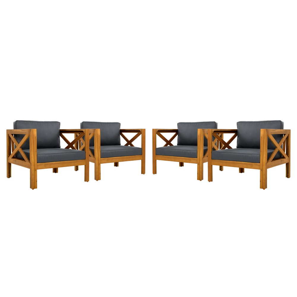 Set of 4 Weatherproof Acacia Club Chairs w/ Gray Outdoor Cushions