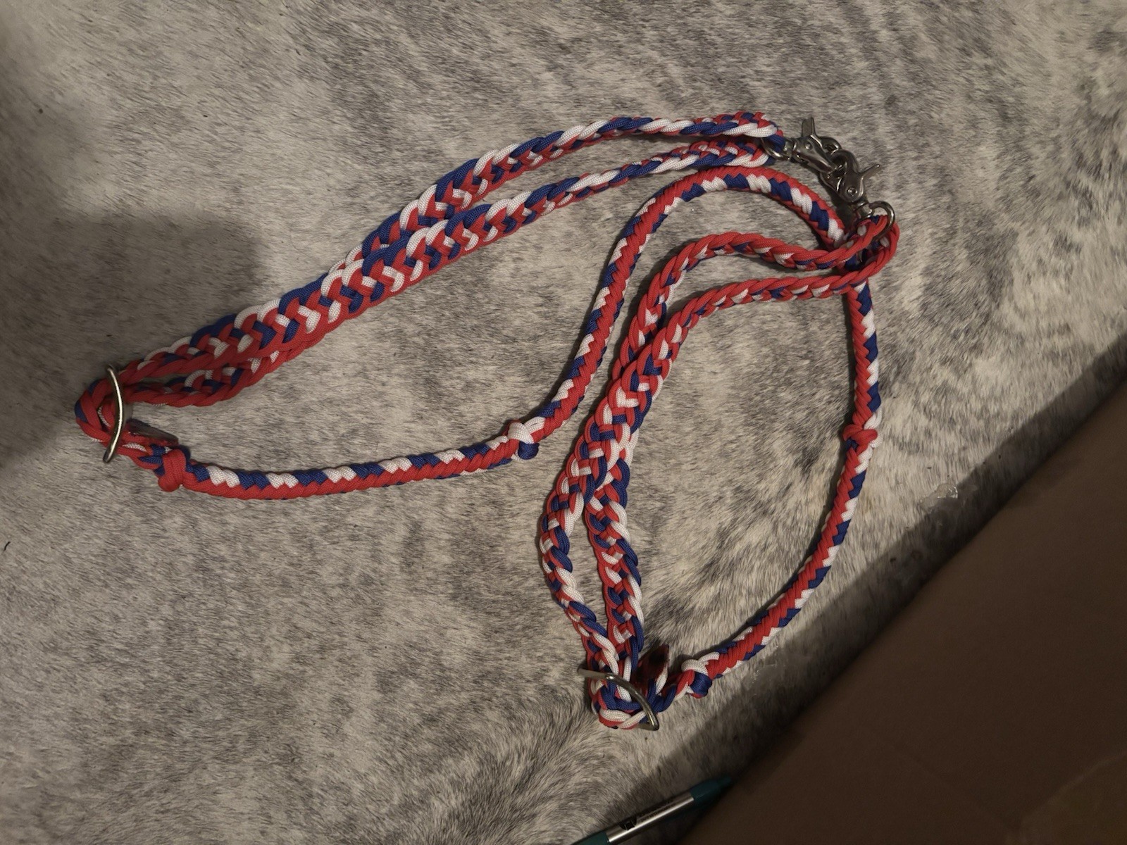 Braided Barrel Reins 8 ft long with 2 Scissor Snaps Red, White, Blue