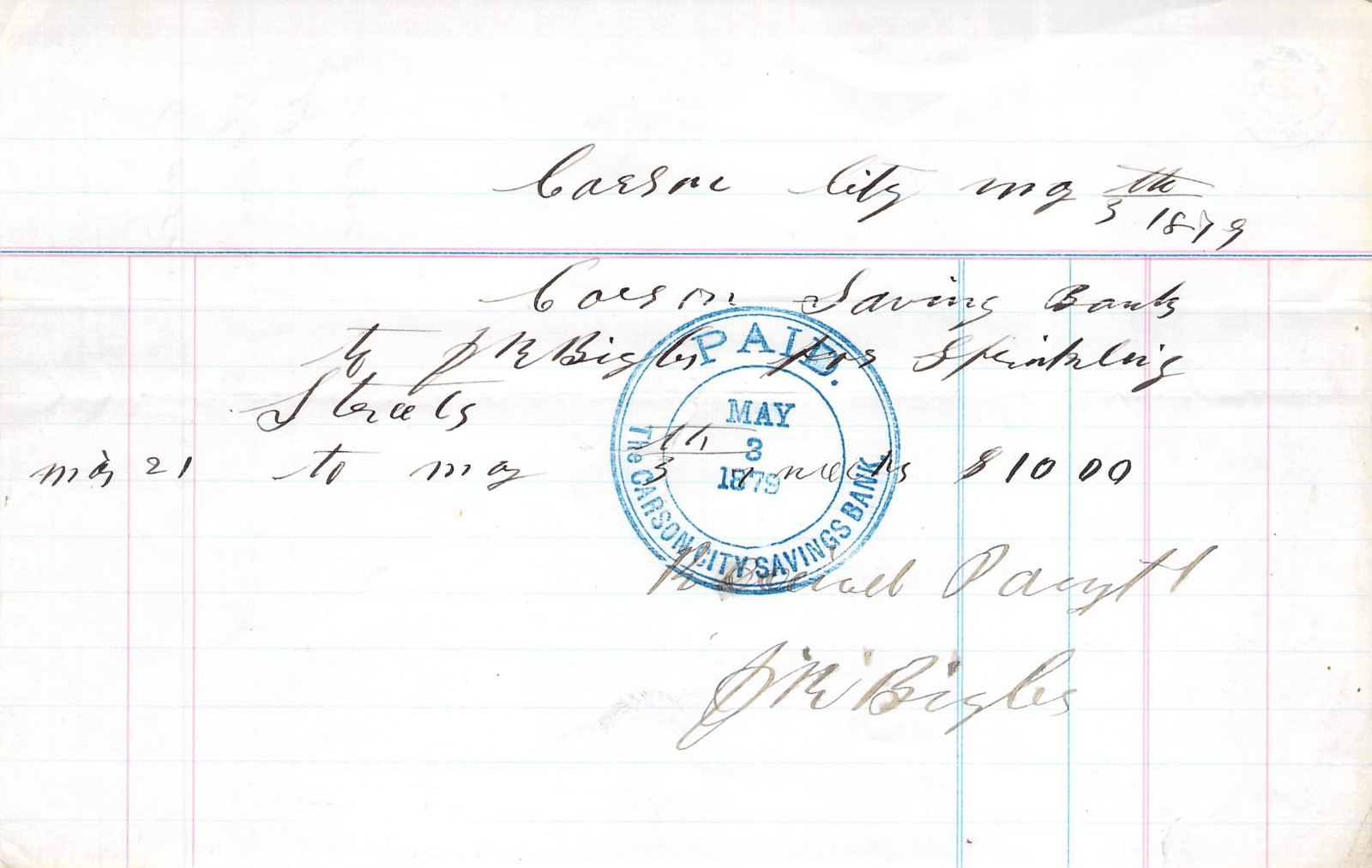 1879 CARSON CITY NEVADA ROAD SPRINKLING SIGNED BY BIGLER