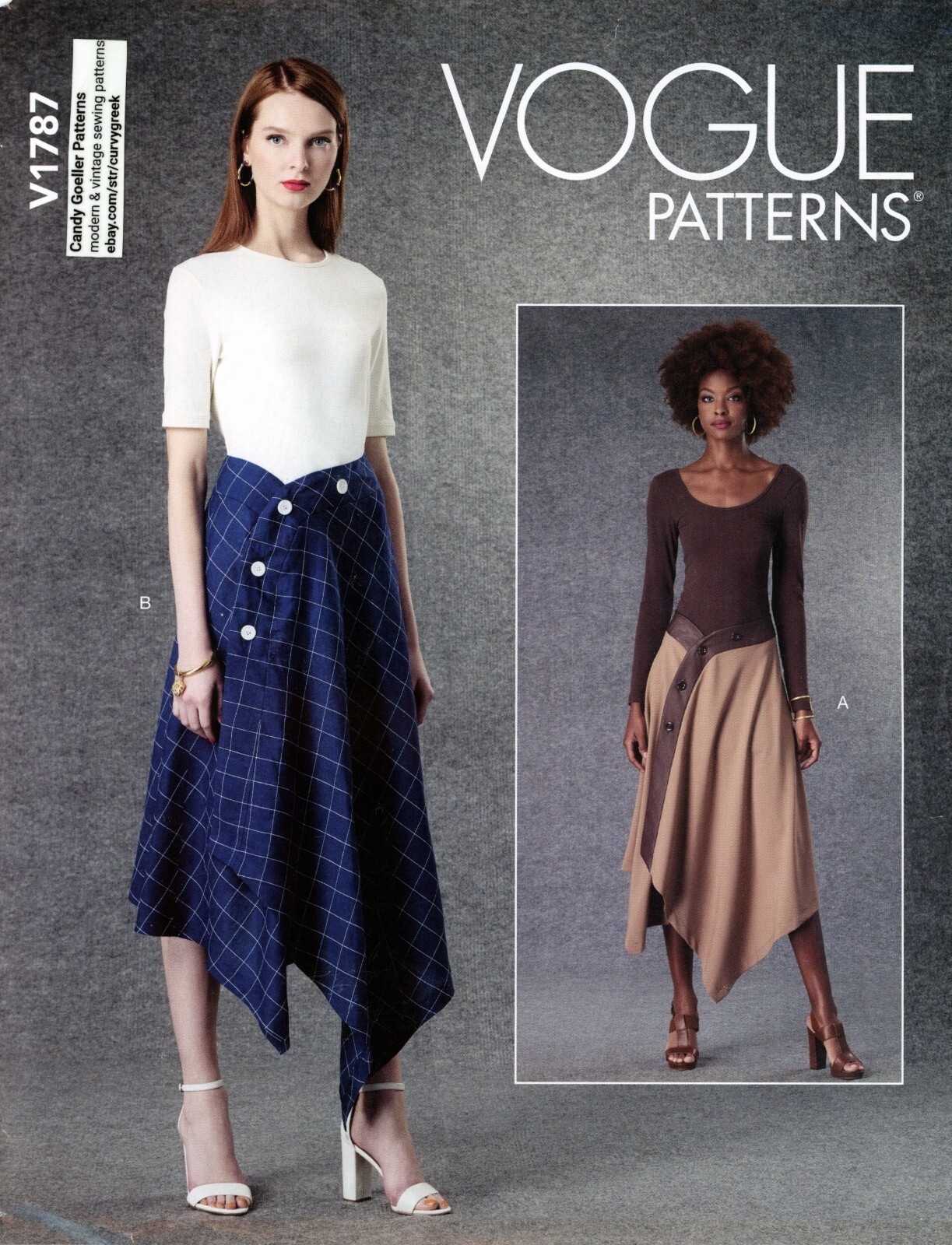 Vogue V1787 Wrap Skirt w Shaped Bands, Asymmetric Button Closure Sz 8-16 UNCUT
