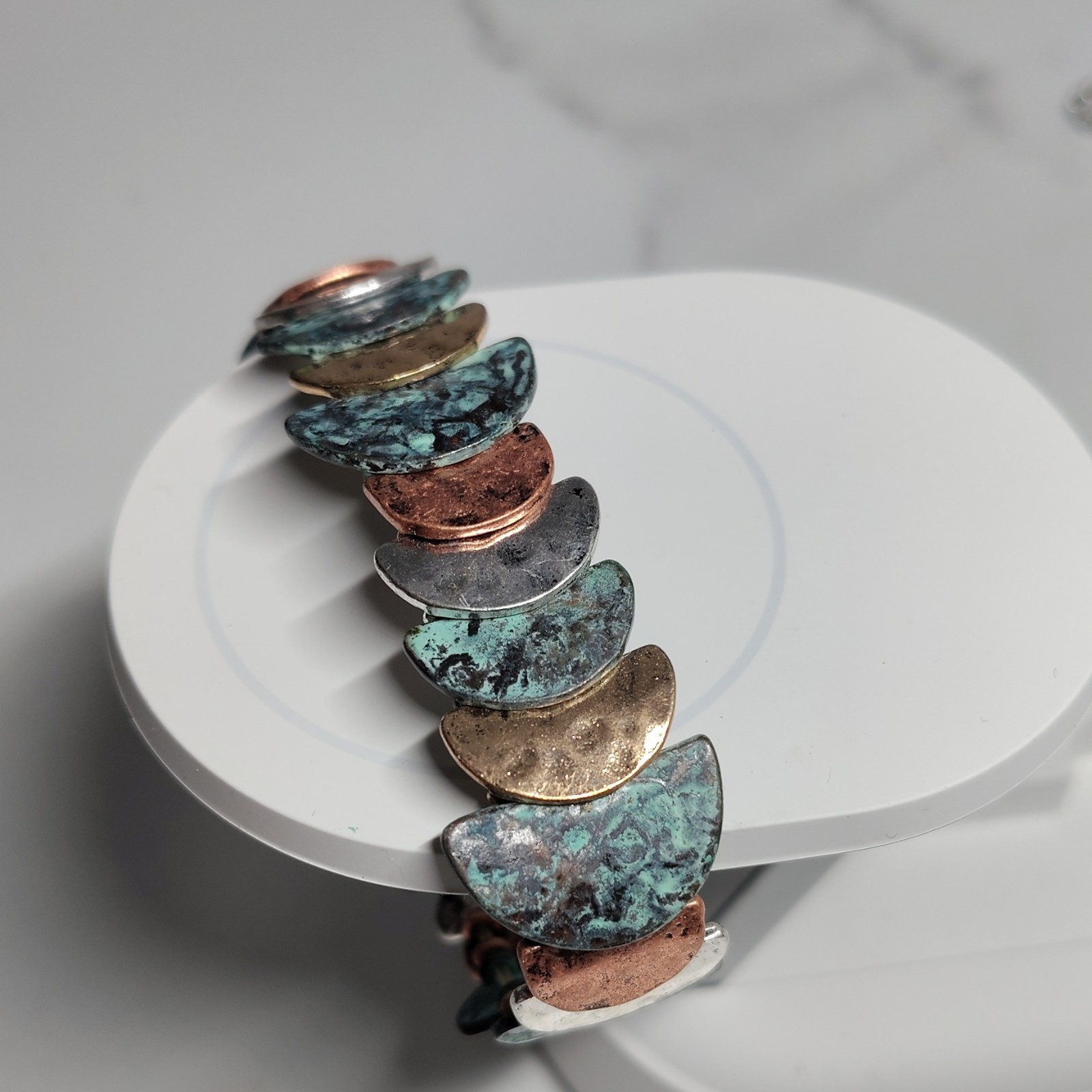 Multicolor Copper Link Bracelet, Artisan Half Moon Design, Art Theme