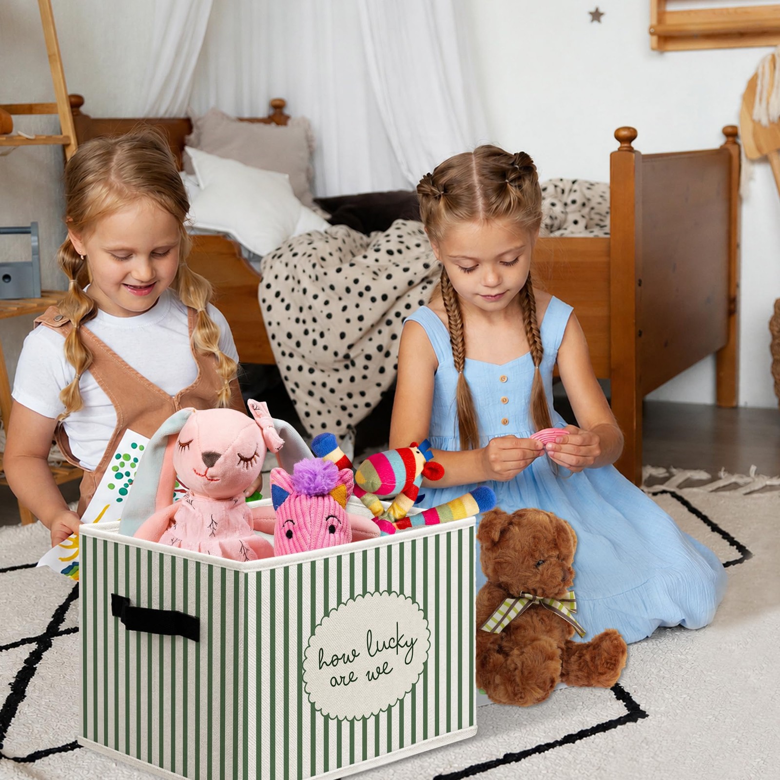 How Lucky Are We Storage Boxes, Green Striped Inspirational Cube Storage Bin ...