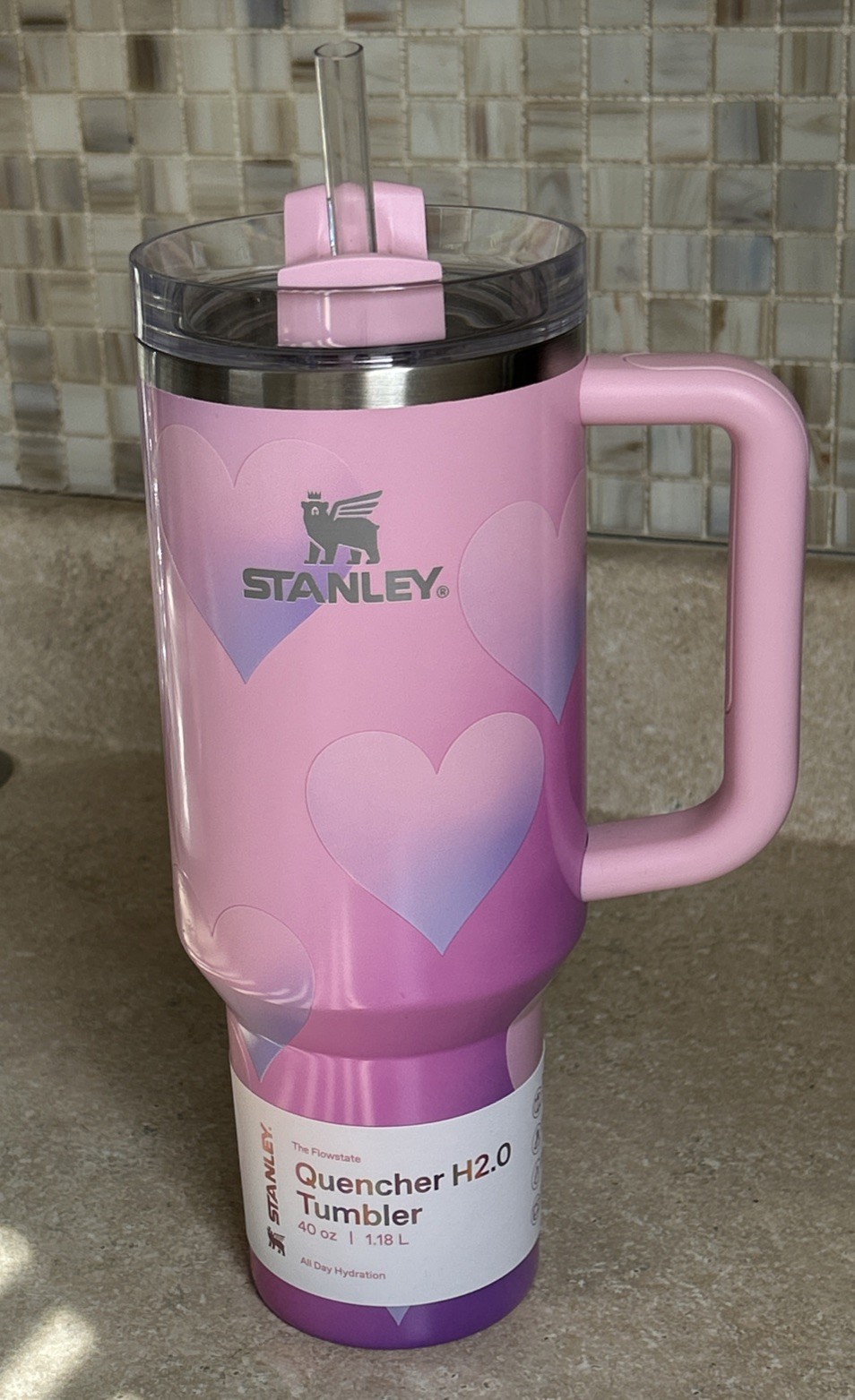 Stanley Valentine’s Day Quencher Tumbler 40 oz Powder Pink Heart Gradient, New!