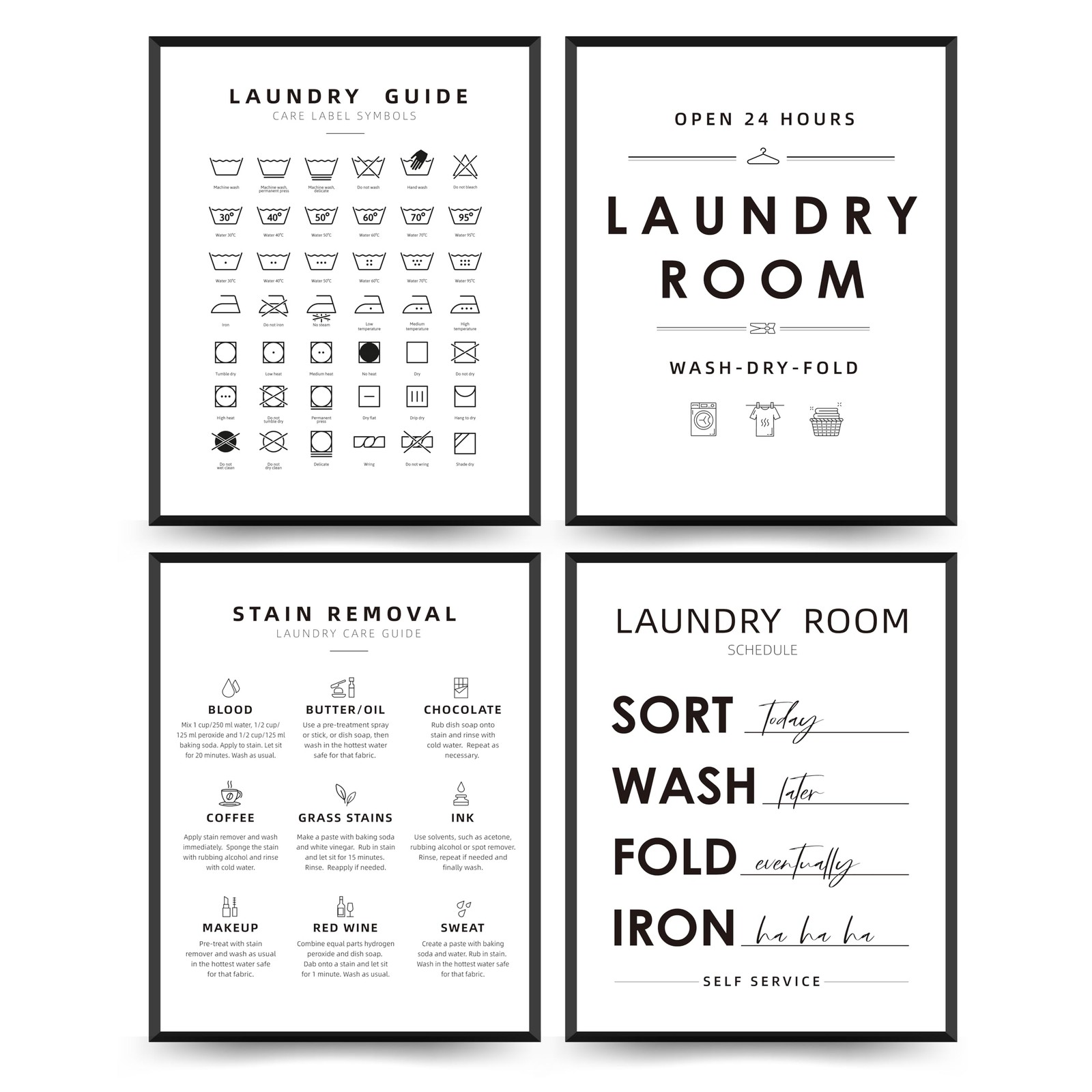 PLKMN Laundry Room Wall Art Print Set of 4, 8X10in, - White
