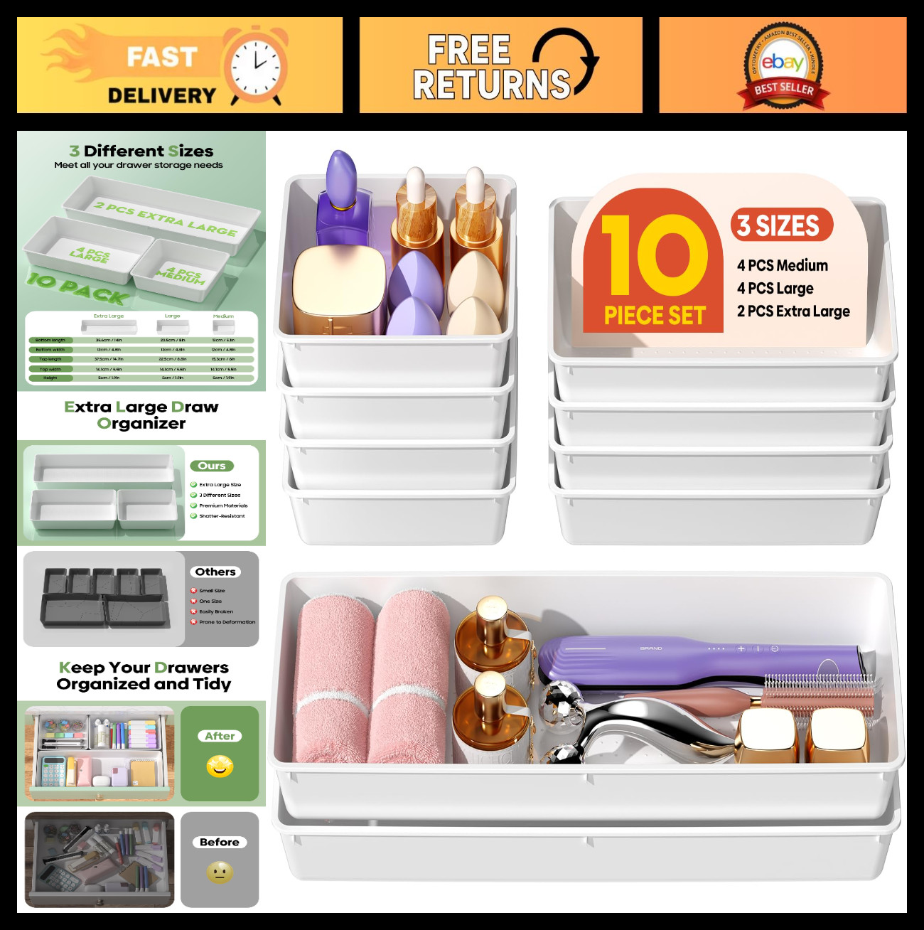 10 Pack Large Plastic Drawer Organizers Set - 3 Sizes for Makeup, Kitchen, Offic