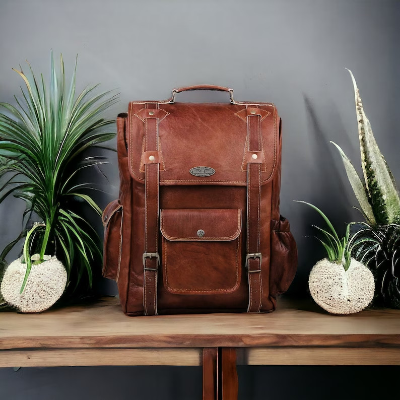 Genuine Leather Backpack . Strong & Durable Brass Fittings & Buckles, KK Zipper