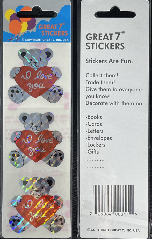 12 packages of Prismatic Bear-I Love You Stickers, "Great 7" Sticker, PPZ8911