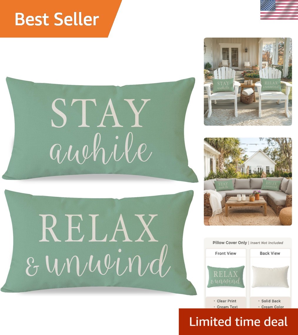 Set of 2 Farmhouse Decorative Pillow Covers - 12x20 Green for Indoor & Outdoor