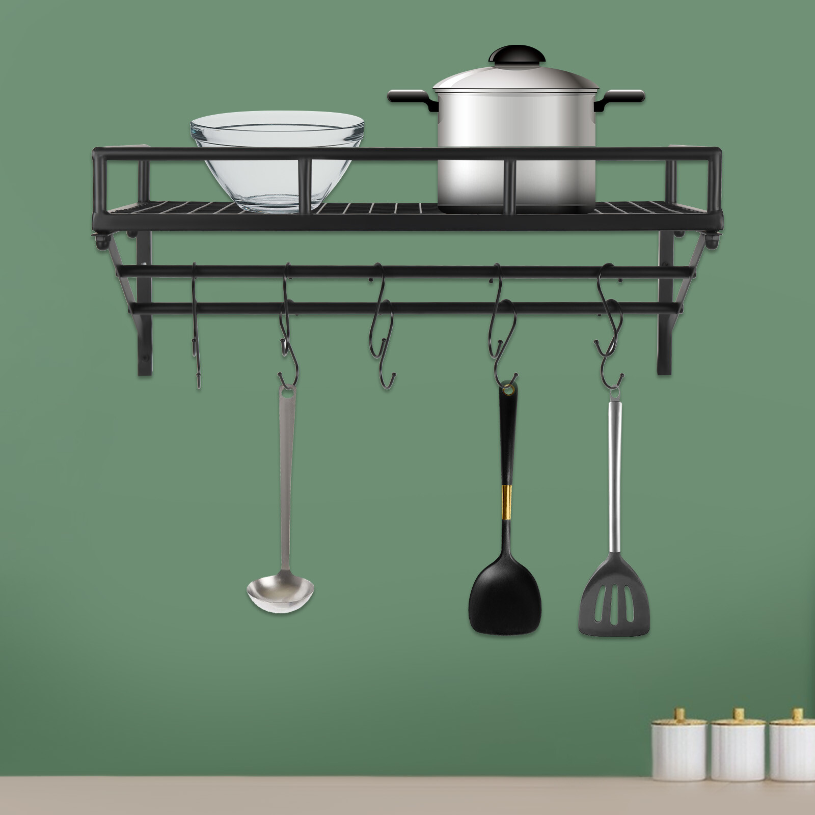 24.8 Inch Pot Rack Wall Mounted Pots & Pans Organizer w/ 2 Rails & 10 Hooks US