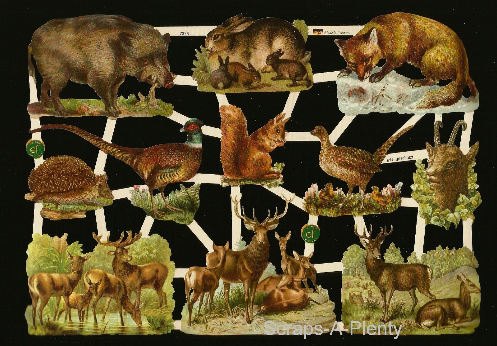 German Embossed Scrap Die Cut - Wild Animals Boar Pheasant Deer Fox     EF7376