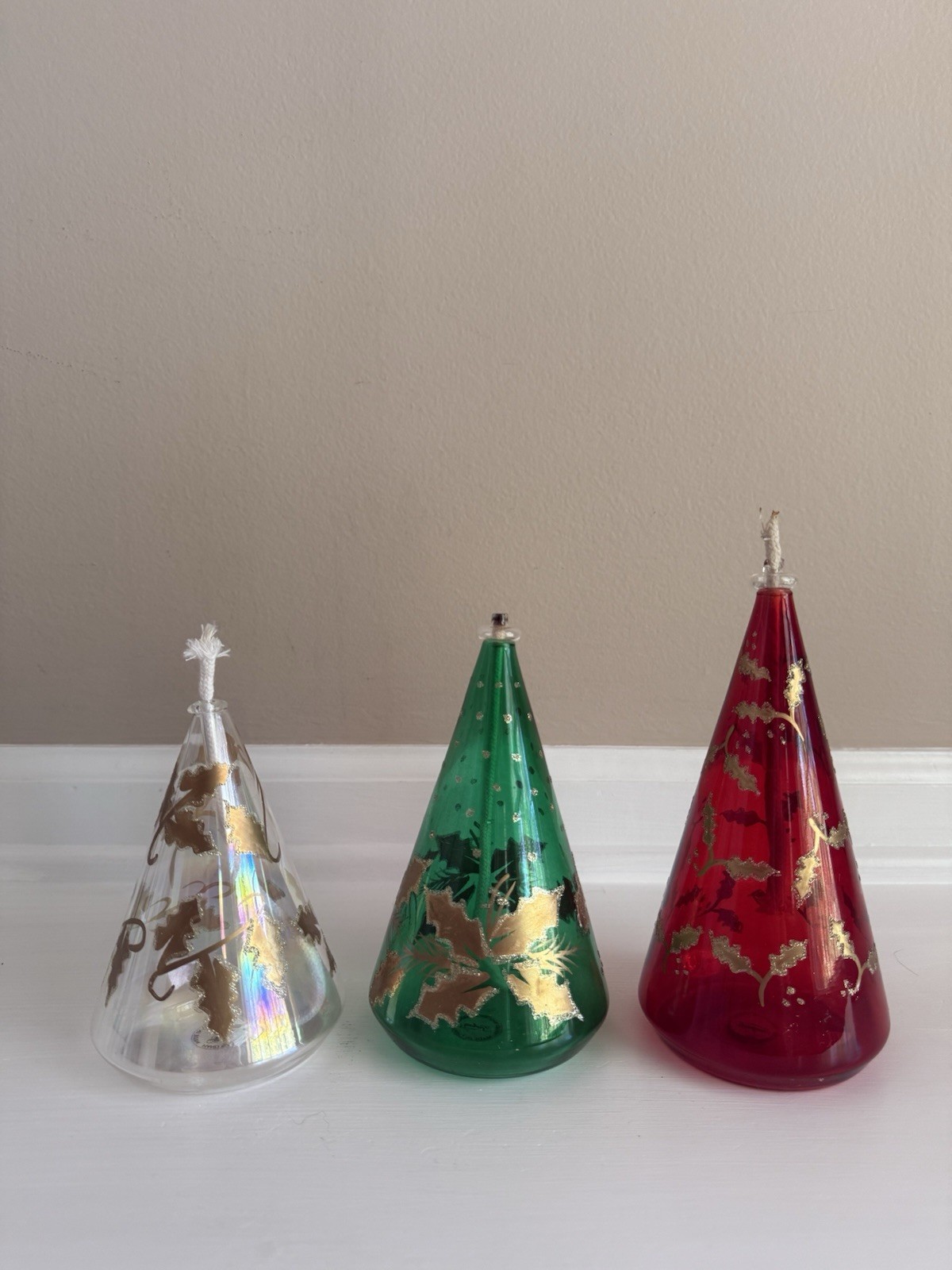 Gotham Christmas Tree Oil Lamps Painted W/Gold Set Of 3