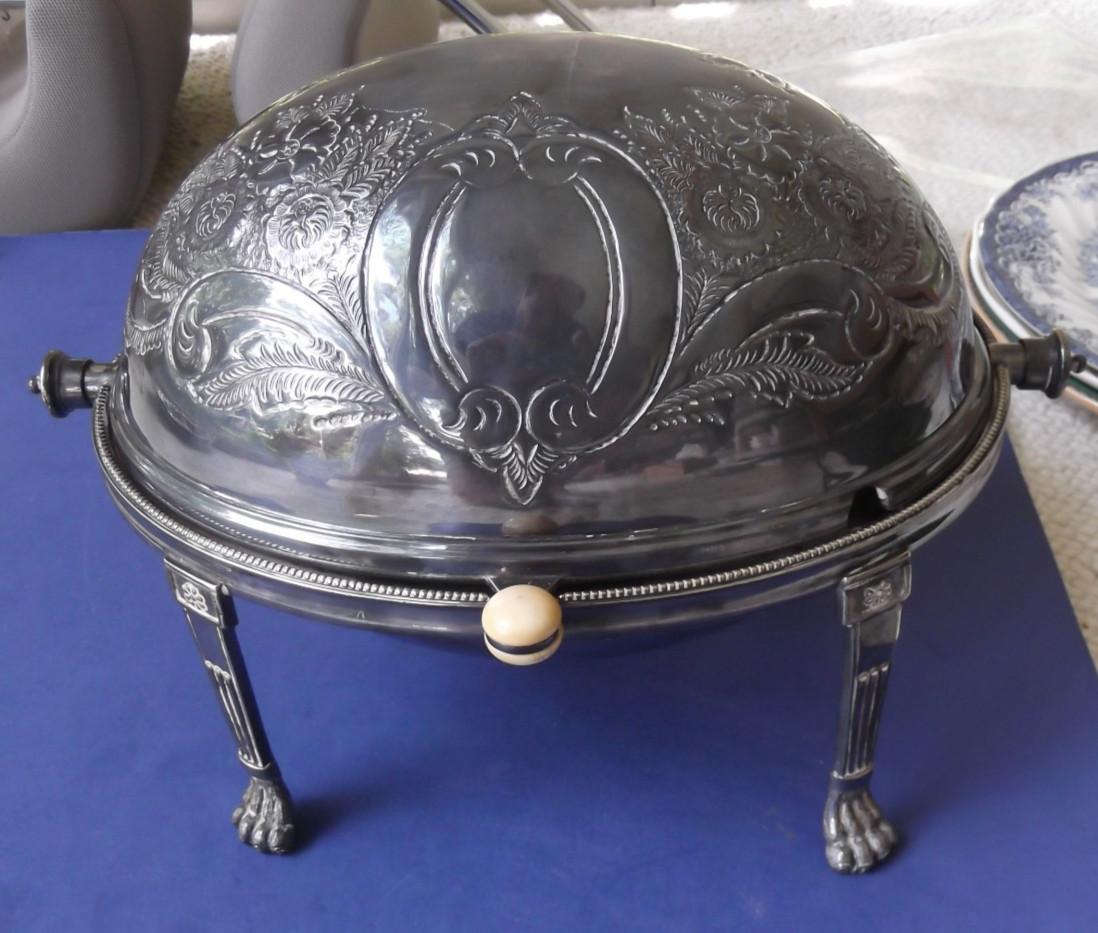 1891 Walker & Hall Sheffield Silverplate Roll Top Food Server - Both Inner Trays