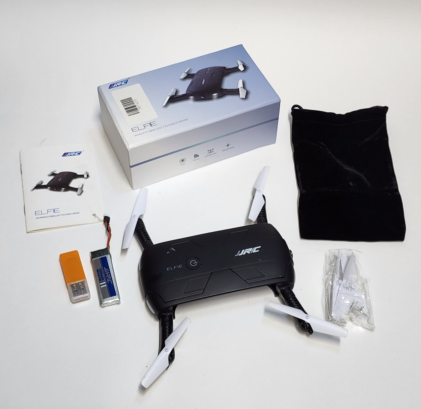 JJRC Elfie Selfie Foldable Pocket Quadcopter Drone box manual charger props bag