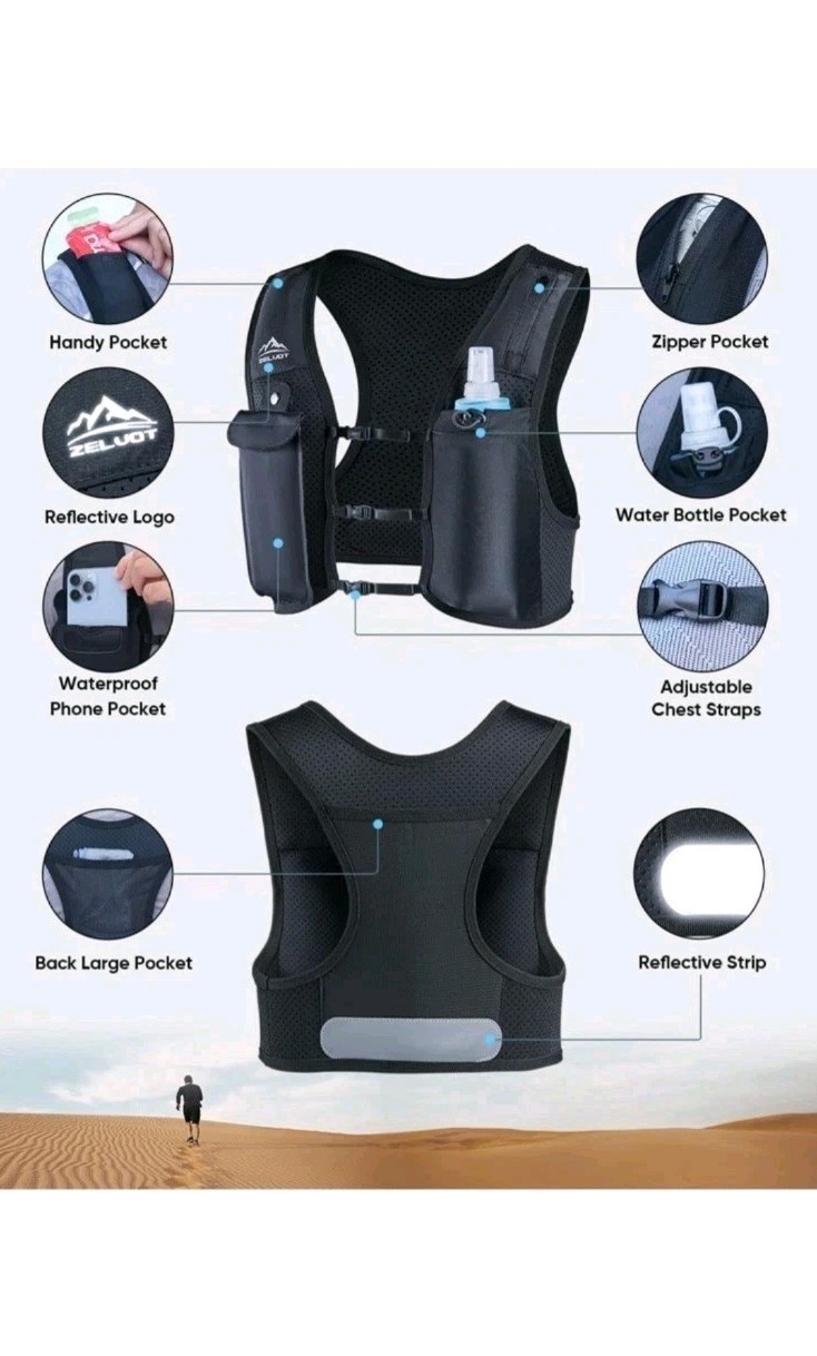 Zelvot Hydration Adjustable Hiking Running Vest No Flask Black Size Small