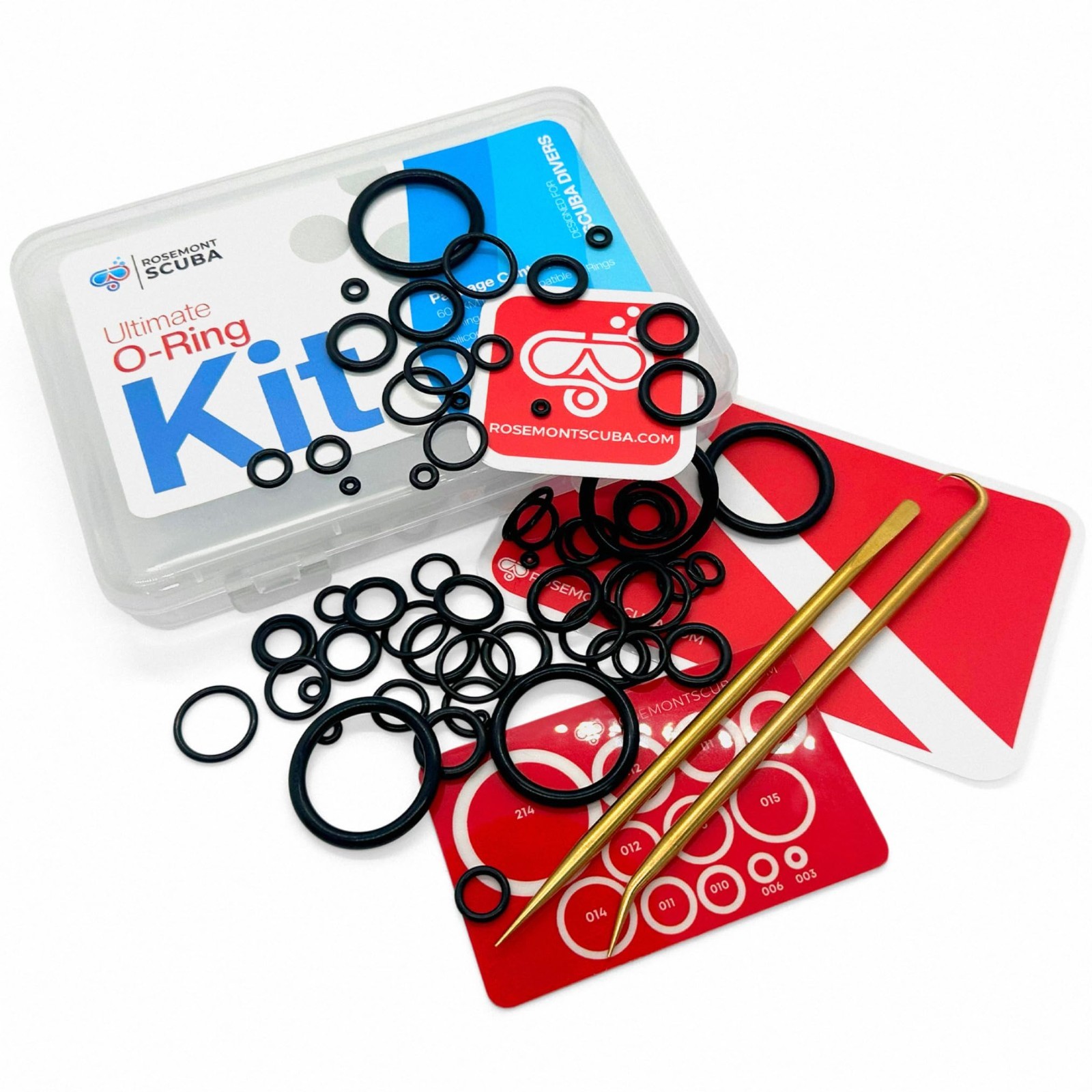 Comprehensive O-Ring Kit - 60 Scuba-Specific Sizes, Size Guide & Brass Picks