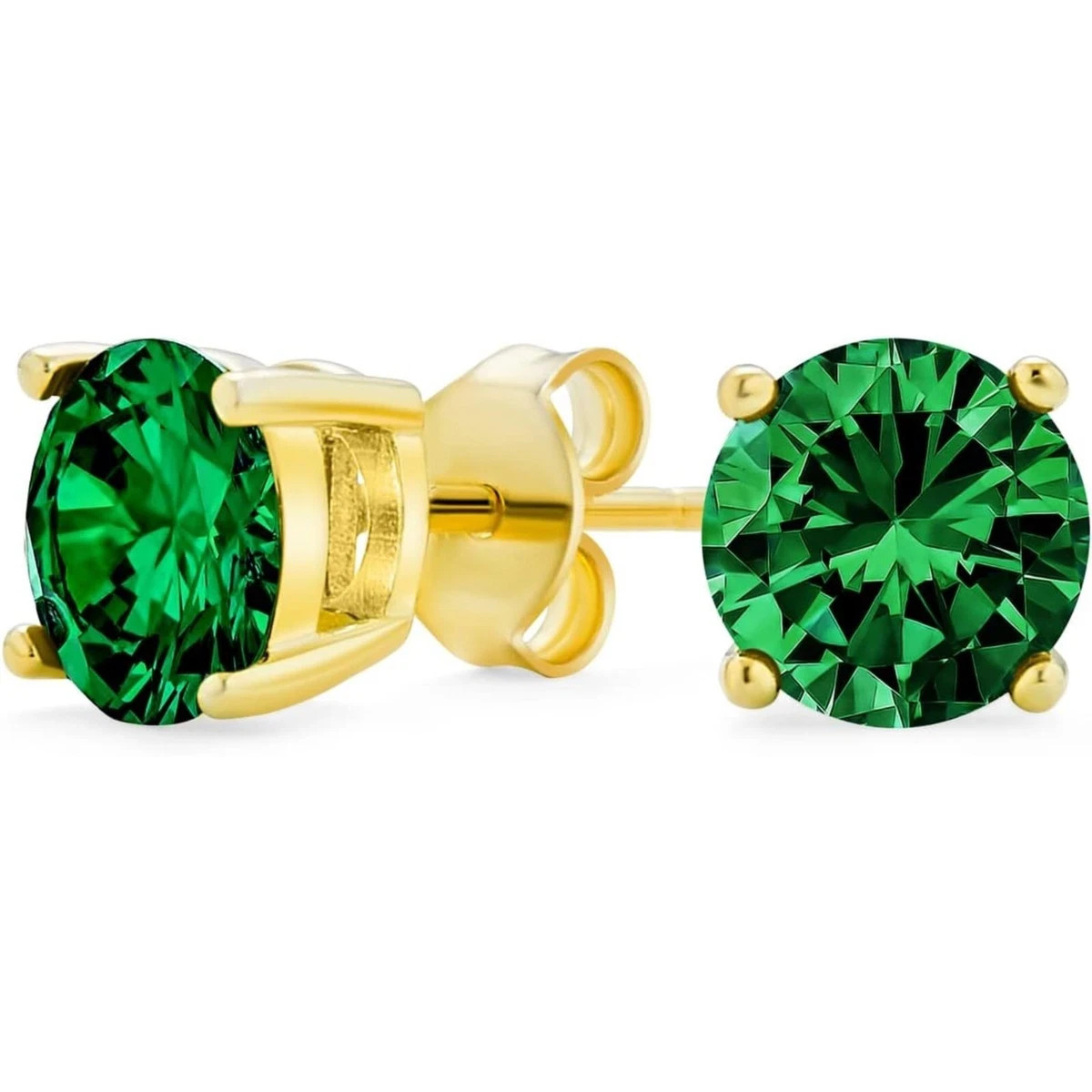 6mm Emerald Round Women's Stud Earrings 14k Yellow Gold plated Sterling Silver