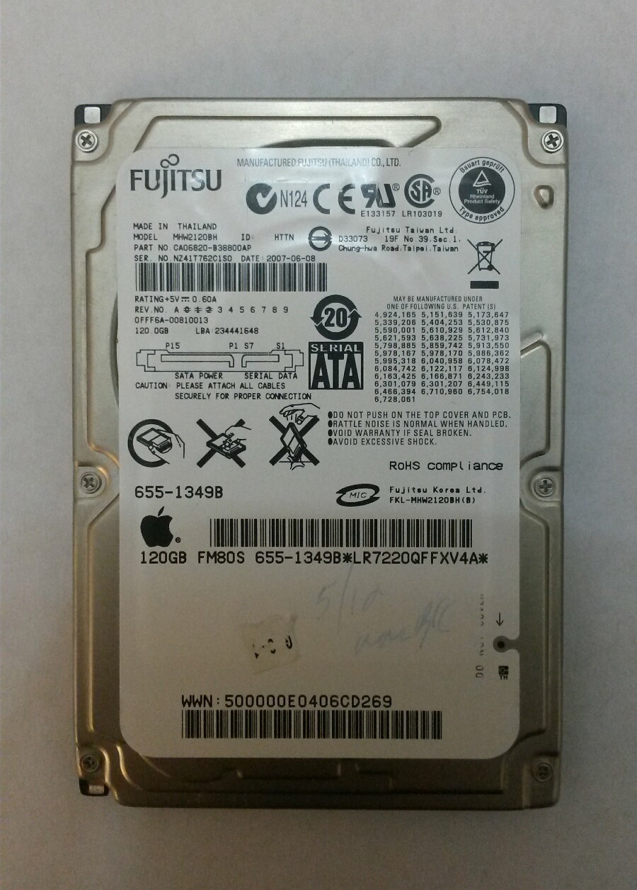 Fujitsu MHW2120BH 120GB SATA Laptop Drive P/N:CA06820-B38800AP S/N:NZ41T762C150