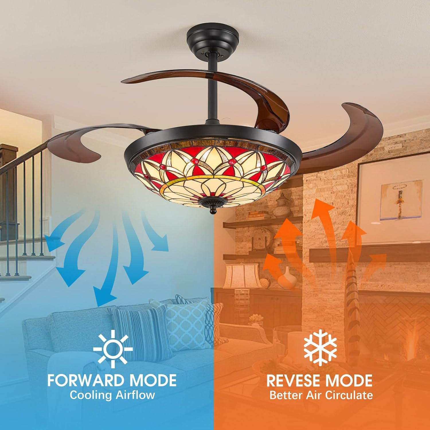 Ceiling Fan with Light - 48" Retractable Ceiling Fan with Remote, 4 Hidden Blade
