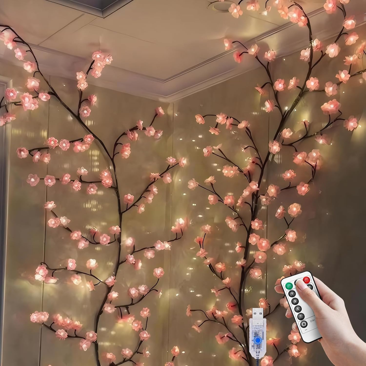 5.3 FT 144 LED Cherry Blossom Tree Branch Lights for Wall,8 Modes Pink Cherry
