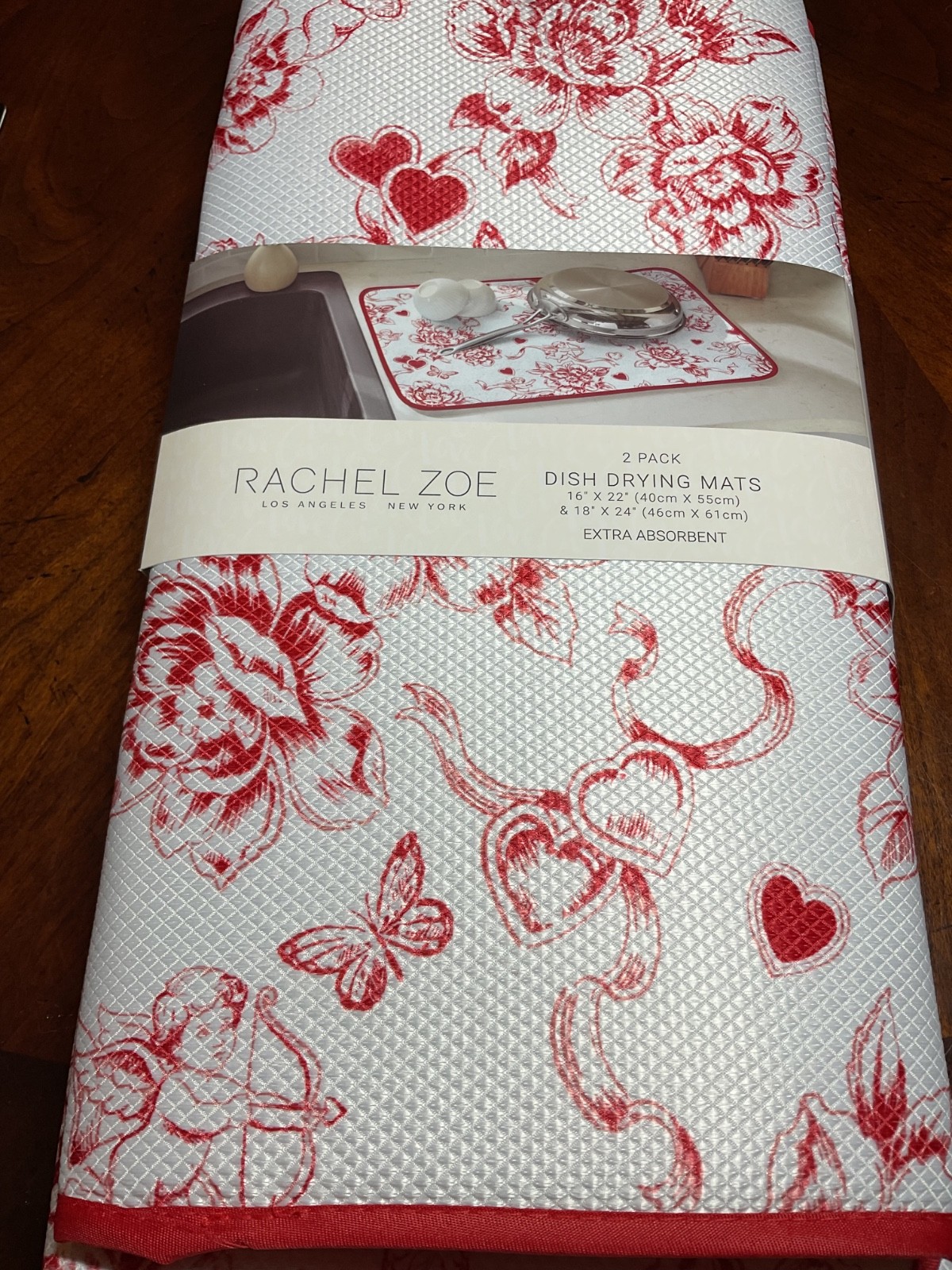 RACHEL ZOE DISH DRYING MATS (2) HEARTS FLOWERS CUPID 16 X  22 18 x 24 NIP