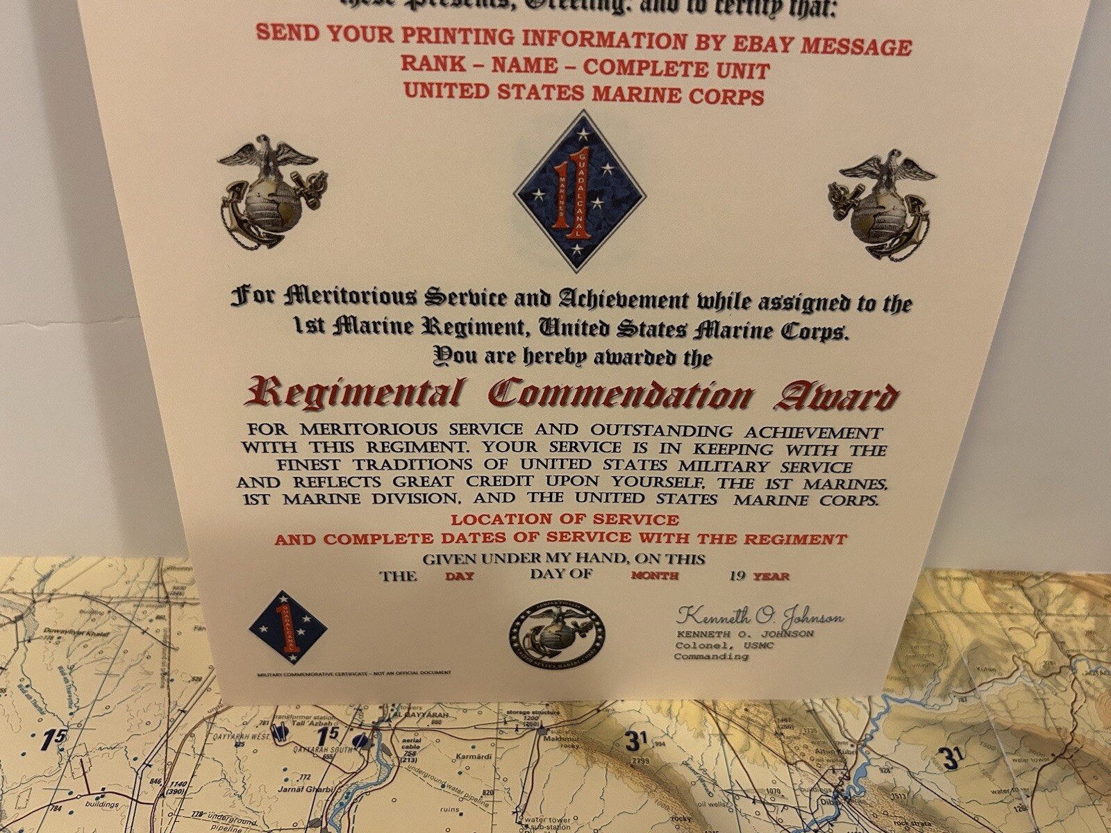 U.S.M.C. / 1ST MARINE REGIMENT - REGIMENTAL COMMENDATION AWARD CERTIFICATE