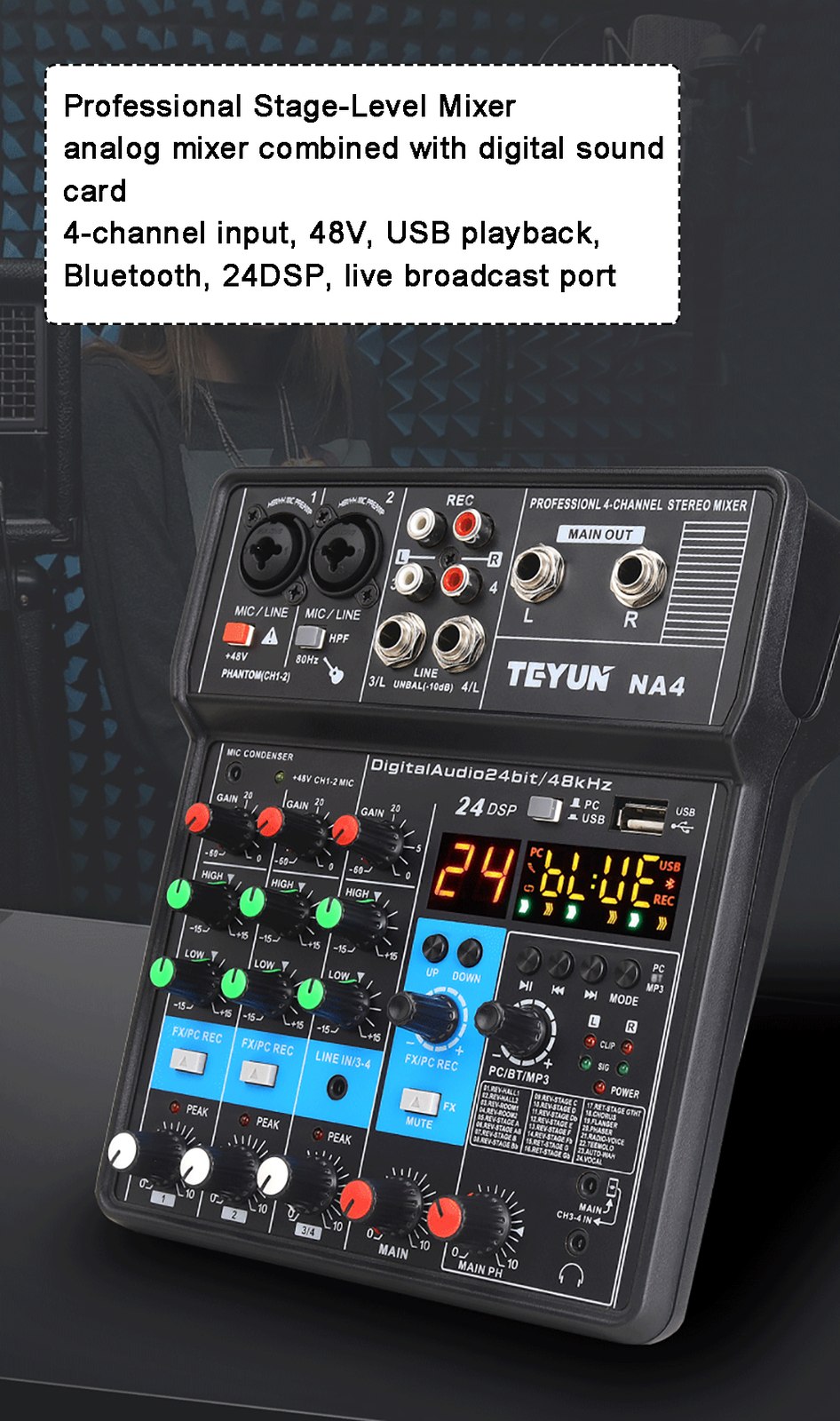 Mini Audio Mixer Bluetooth USB DJ Console 4 Channel Karaoke Live Studio 24 DSP