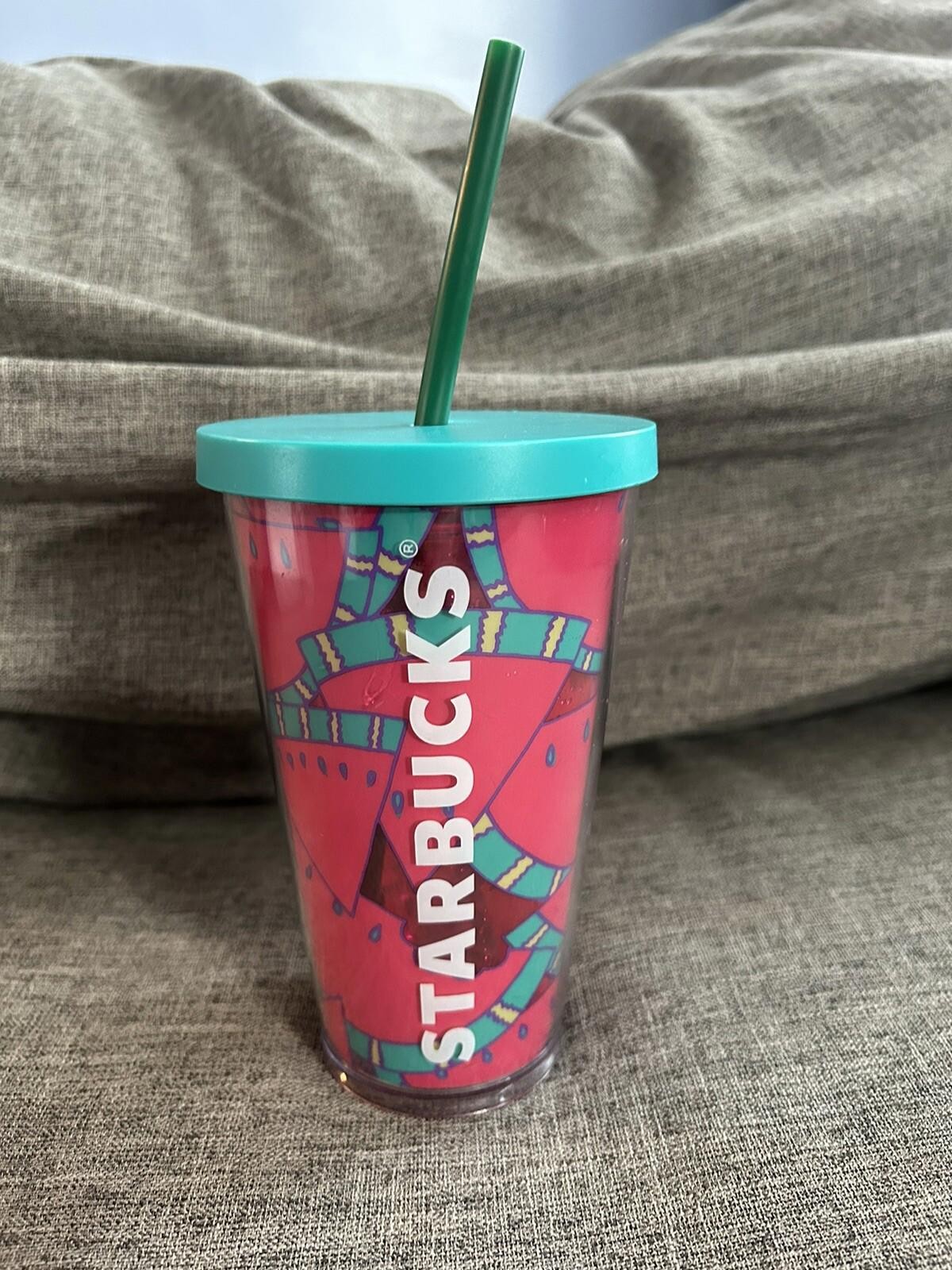 Starbucks 2014 Watermelon Print Tumbler Cold Cup Acrylic With Straw 16 oz