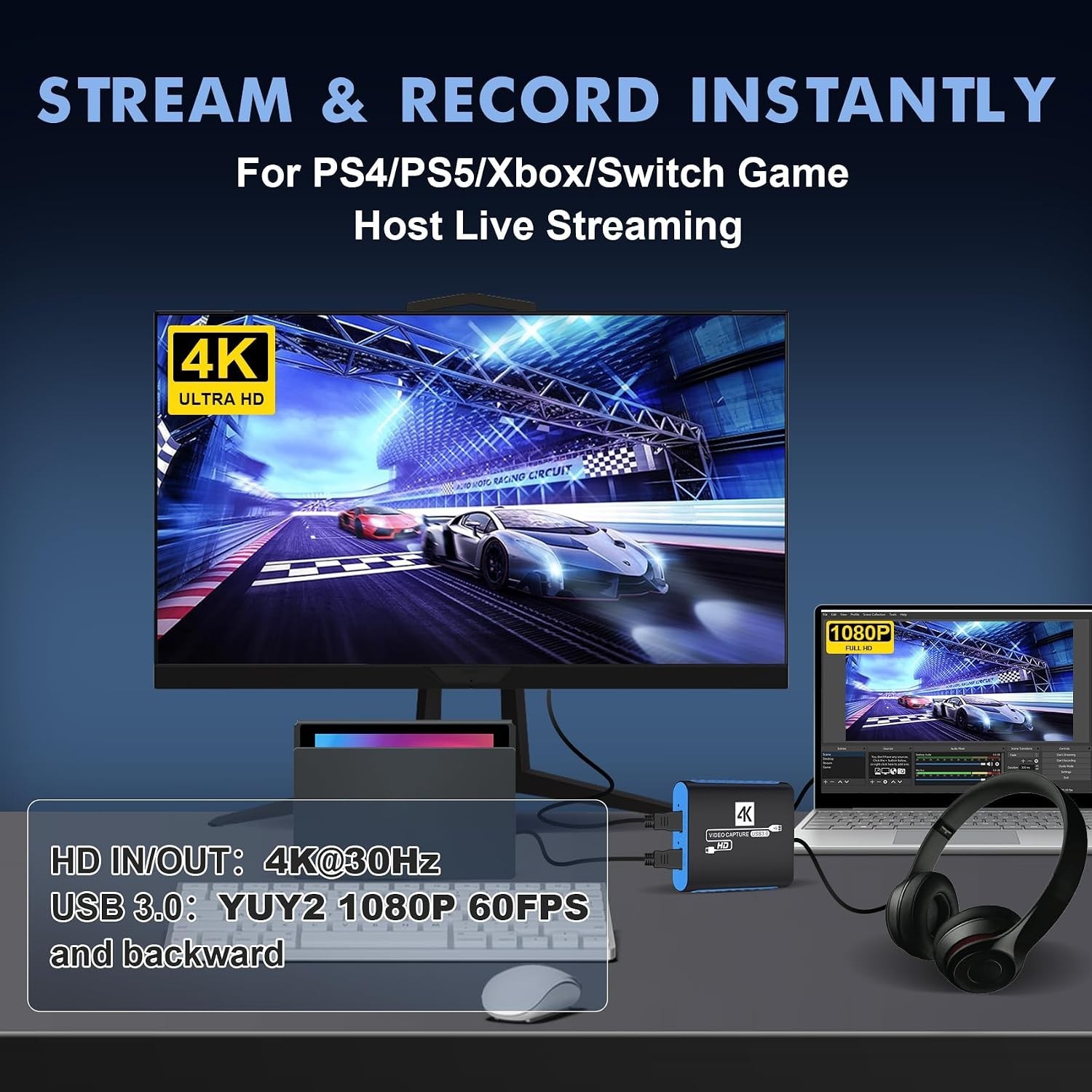 Capture Card for OBS Twitch Game Live Streaming and Recording with 4K Pass-Th...