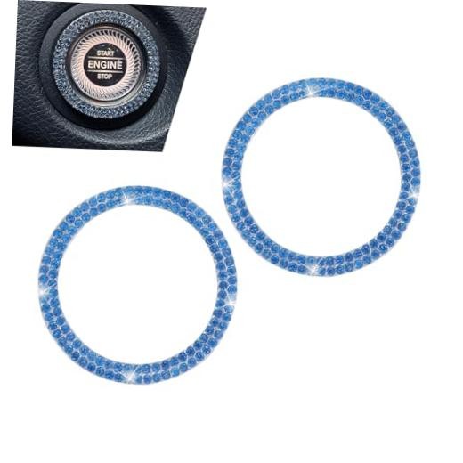 2PCS Push Start Button Ring,Bling Rhinestone Car Engine Start Stop blue-2