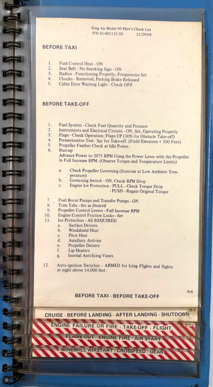 Beechcraft King Air Model 90 Pilot's Check List, 1968