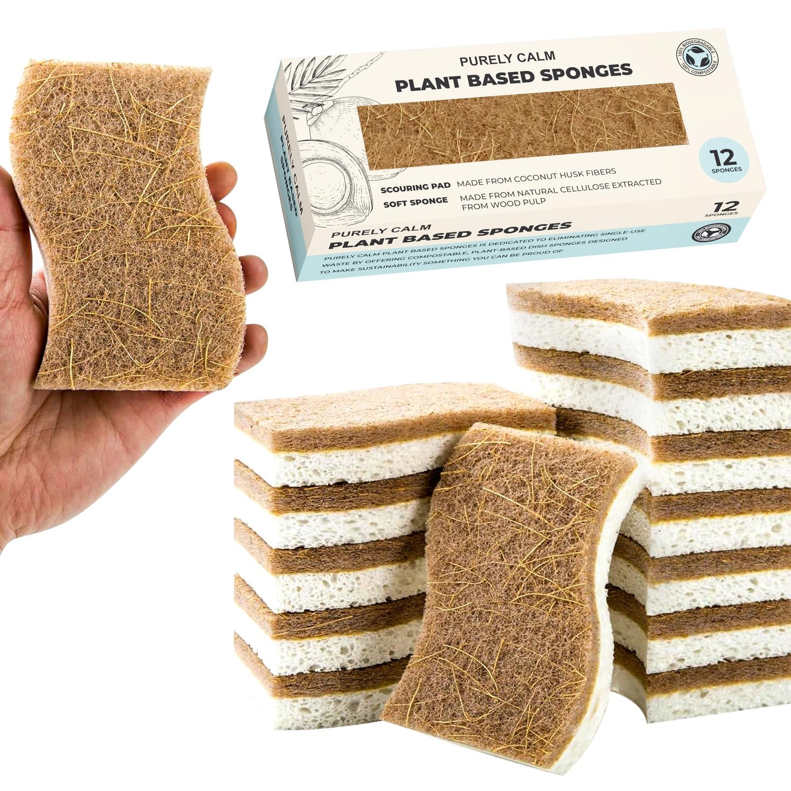 Plant Based Natural Sponge - Pack of 12 Cellulose Sponges, Safe on Non-Stick ...