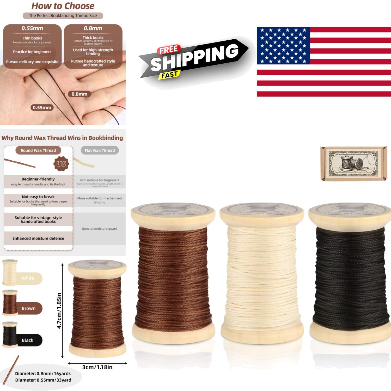 Natural Waxed Thread 0.8mm 16 Yards Black Brown White Eco Friendly Crafting
