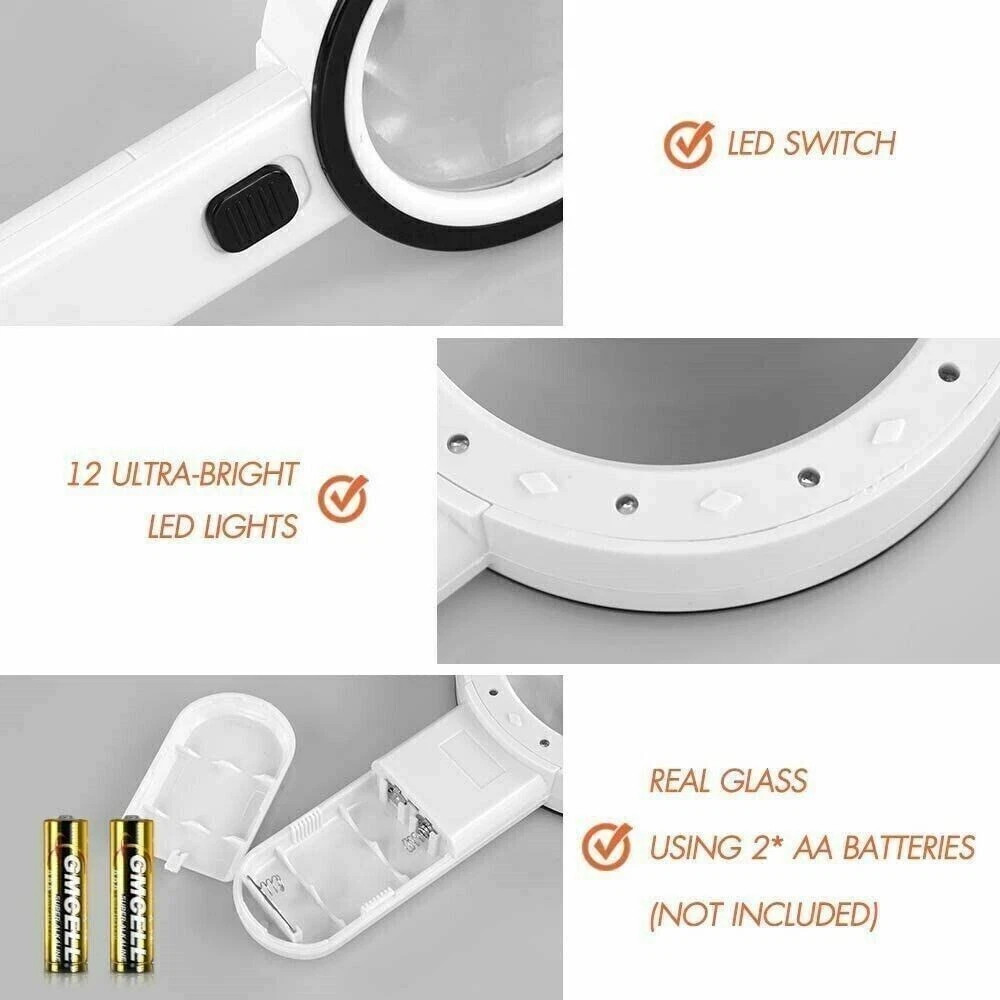 Jumbo Handheld Magnifying Glass w/ 12 Bright LED Light Illuminated 30X Magnifier
