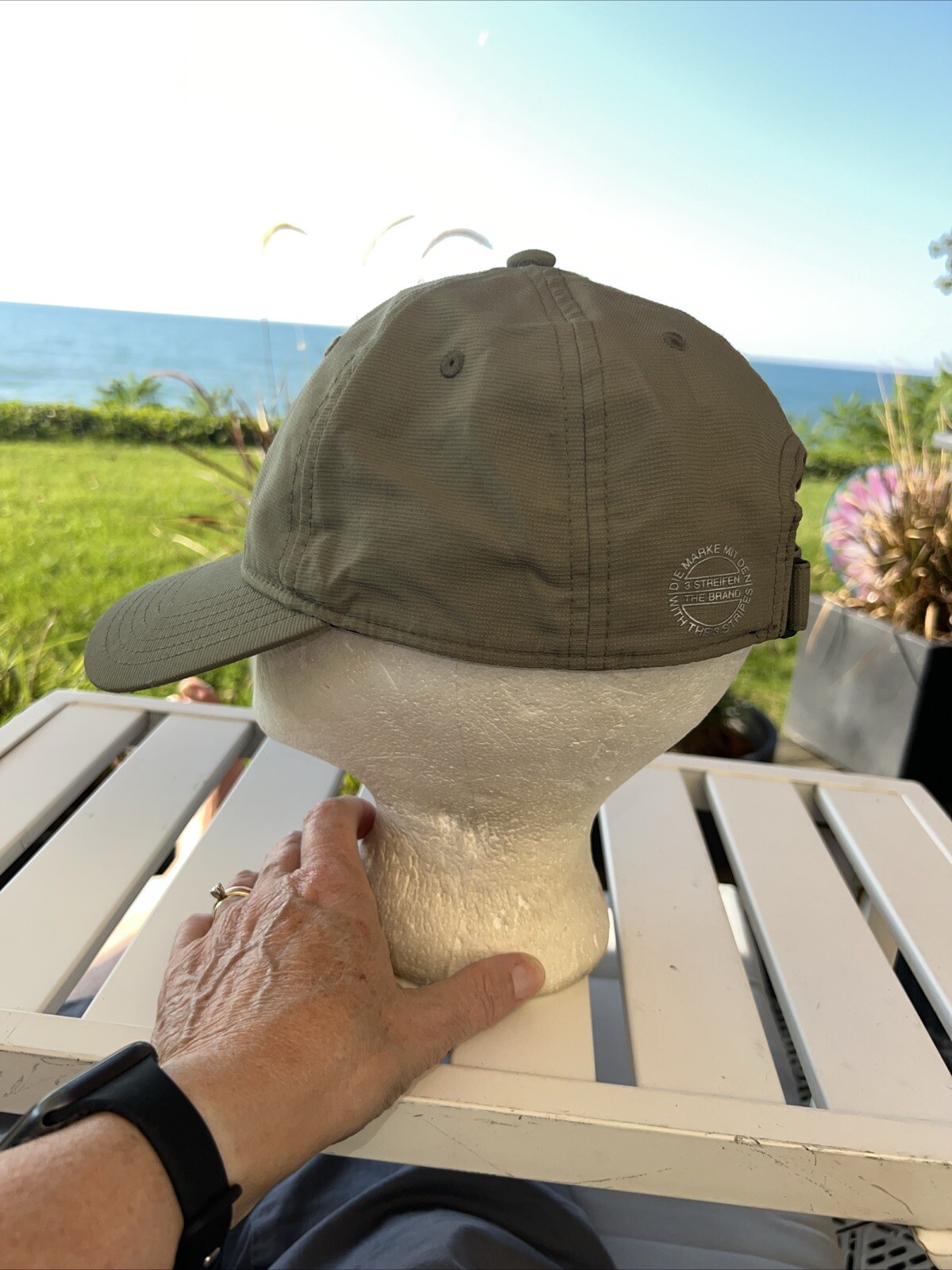 Adidas Logo on Front of Light Olive Lite Wt Hat Cap Polyester Hook Loop EUC